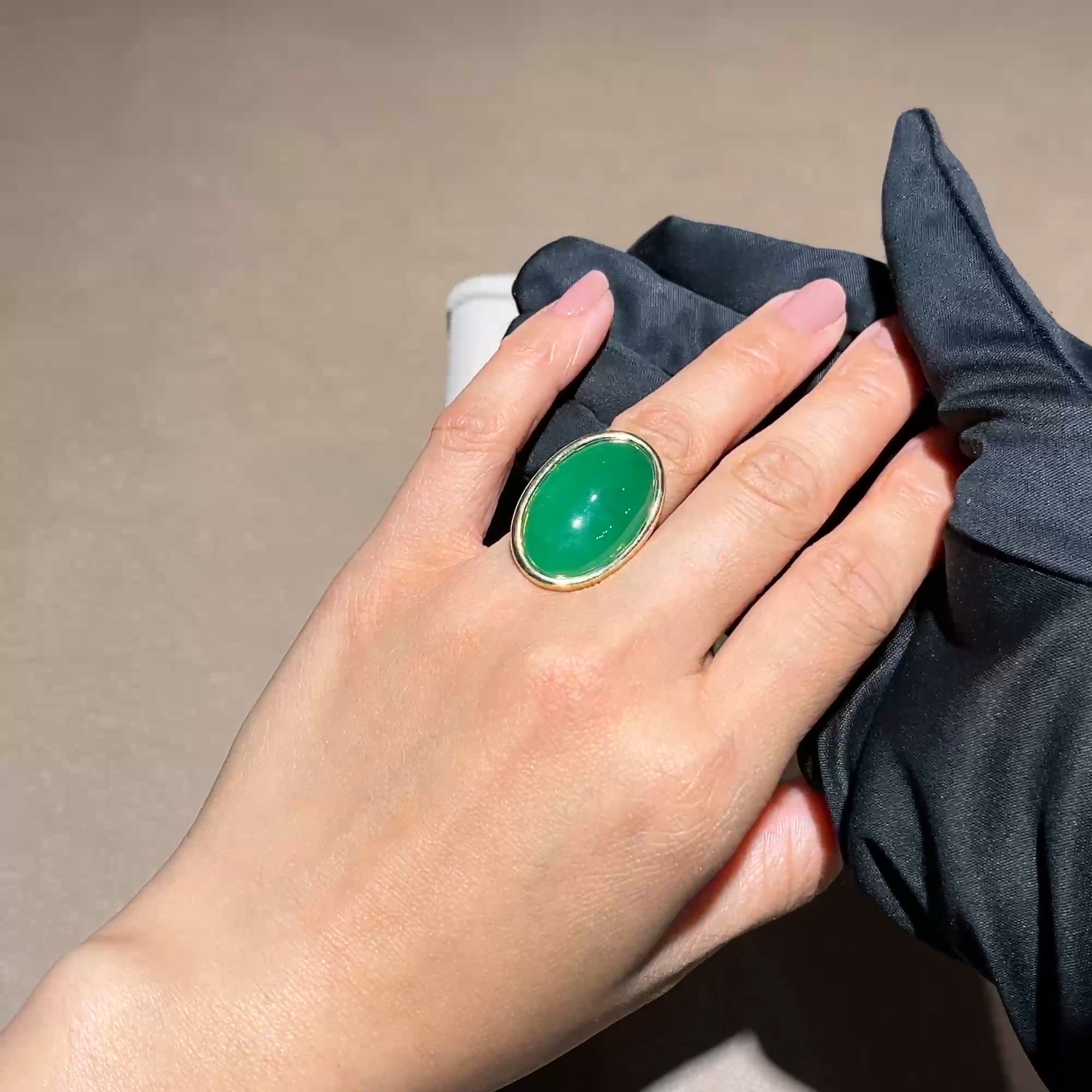 Contemporary Cabochon Cut 19.90ct Jadeite Solitaire Ring in 18ct Yellow Gold