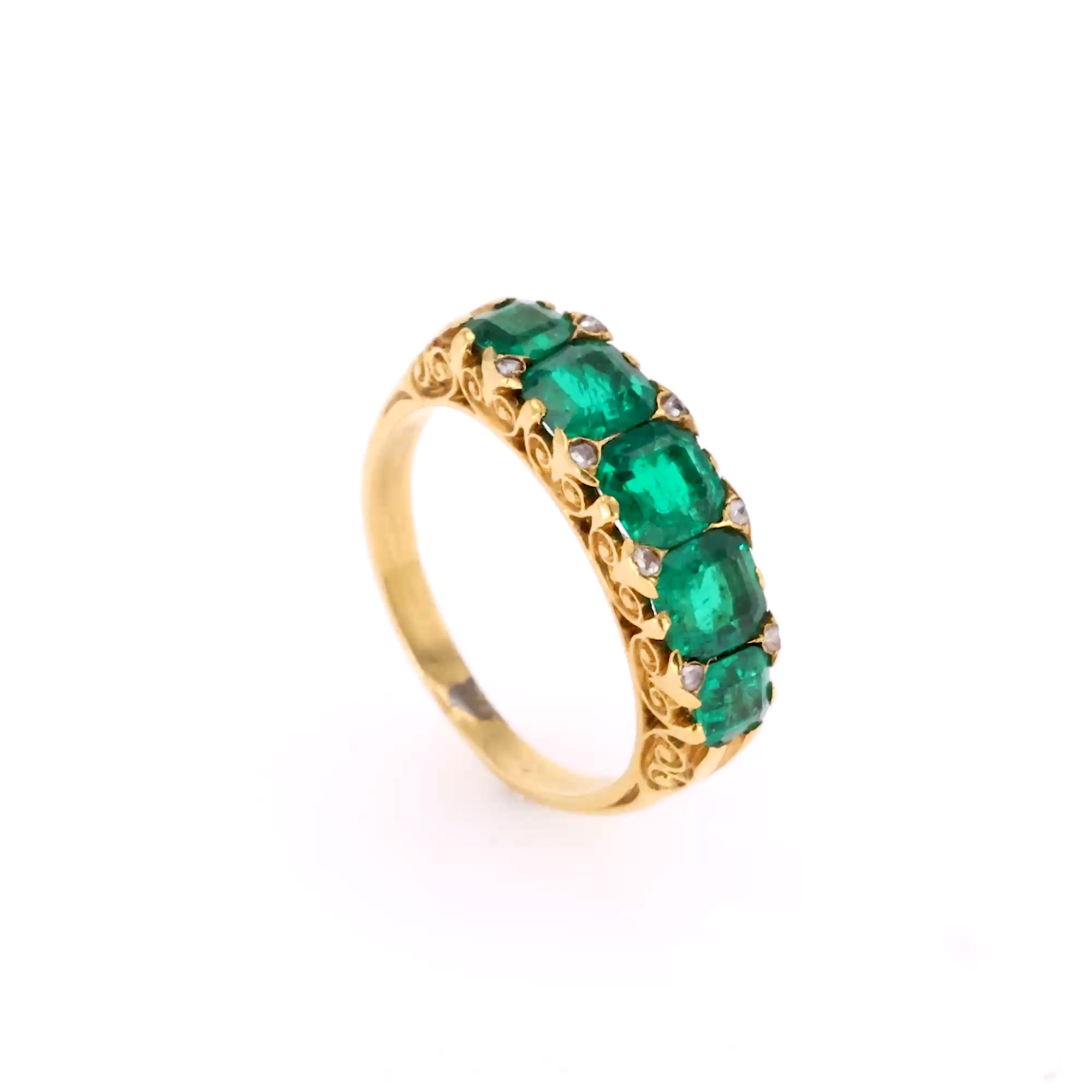 Victorian Octagonal Cut 2.00ct Emerald and Diamond Ring In 20ct Yellow Gold