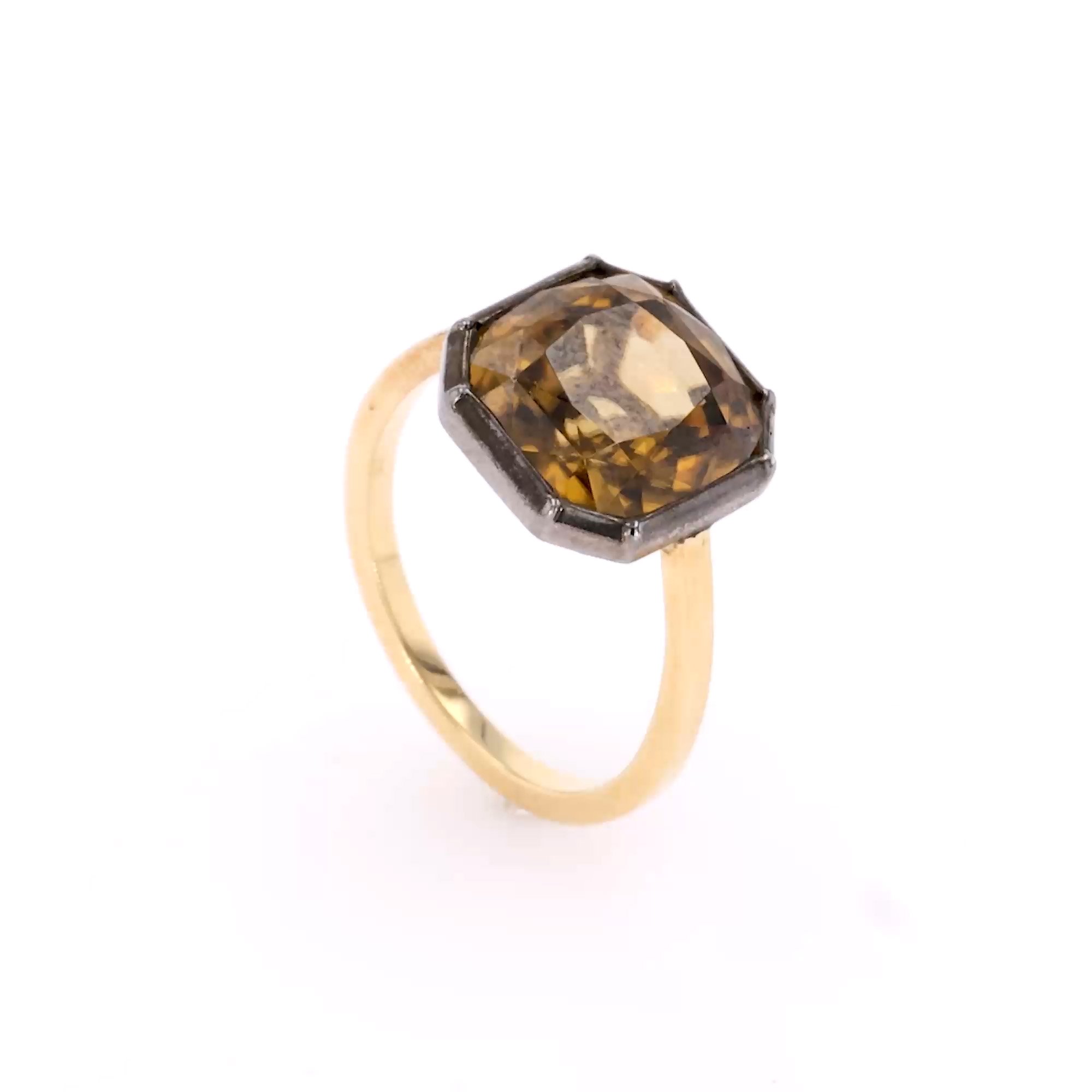 Cushion Cut Brown Zircon Ring In Silver and Yellow Gold
