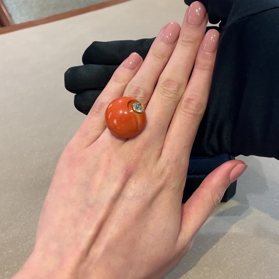 Art Deco Sterlé Coral & Diamond Ring 1.40ct in 18ct Yellow Gold