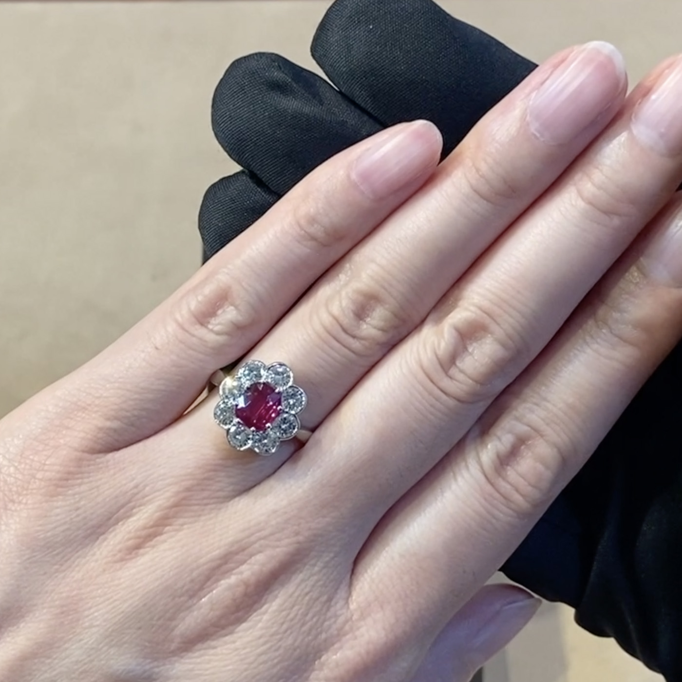 Contemporary 1.21ct Ruby and Diamond Cluster Ring in Platinum