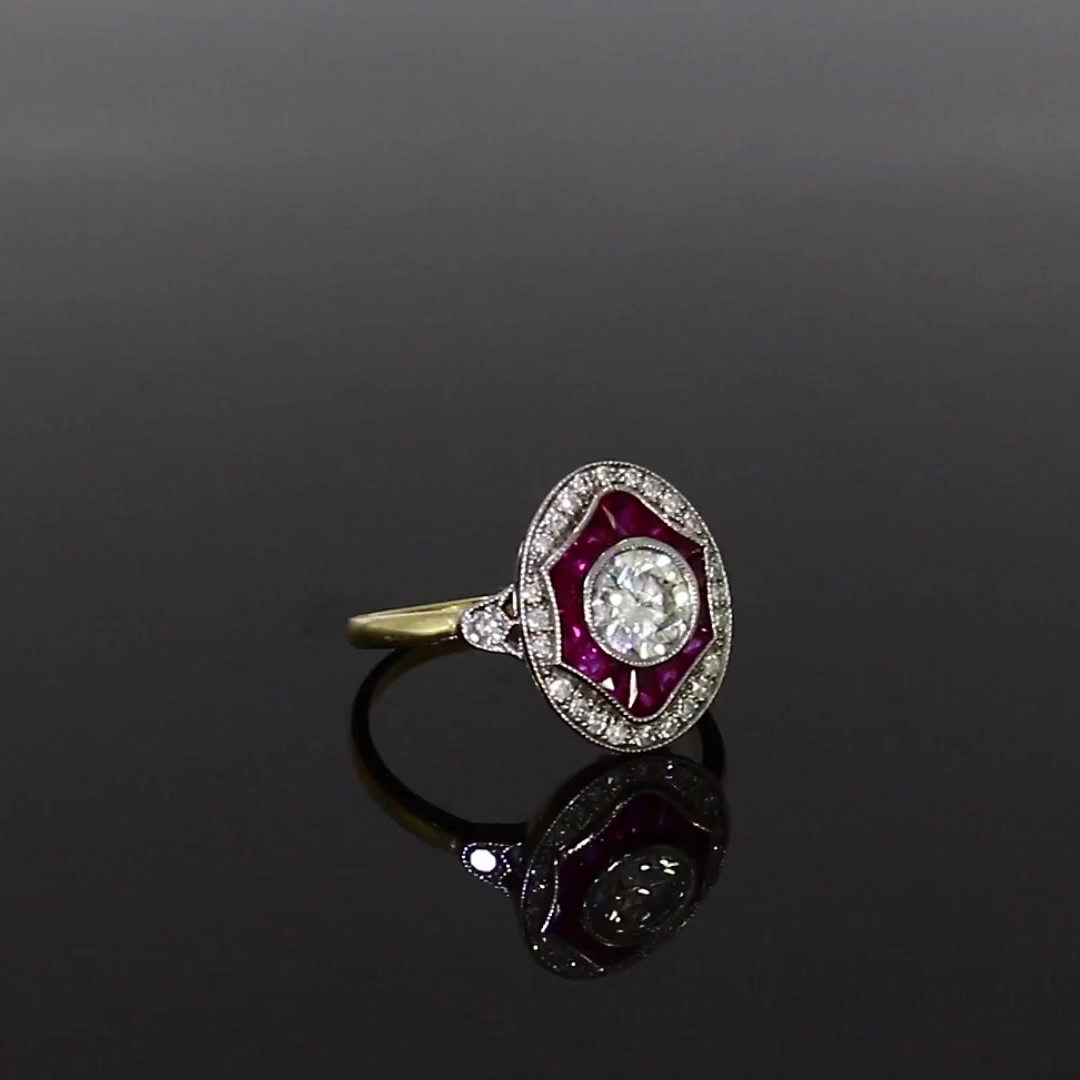 Art Deco Inspired 0.70ct Ruby and Diamond Cluster Ring in 18ct Yellow and White Gold