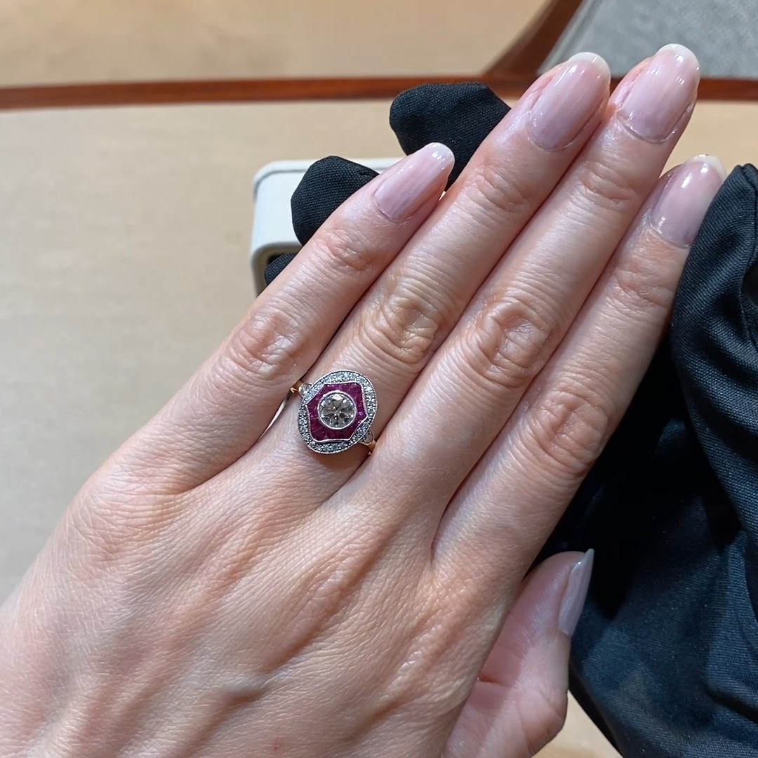 Art Deco Inspired 0.70ct Ruby and Diamond Cluster Ring in 18ct Yellow and White Gold