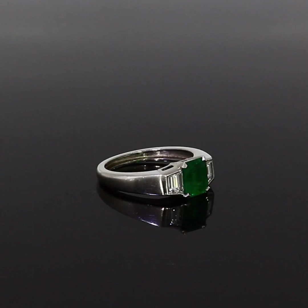 Contemporary Emerald and Diamond Three Stone Ring <br /> 1.02ct in Platinum