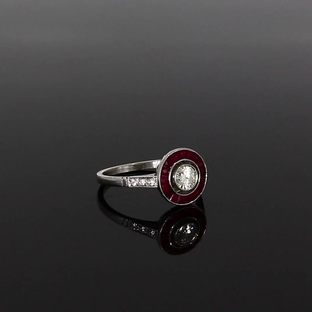 Art Deco Inspired 0.34ct Diamond and Ruby Target Ring in Platinum
