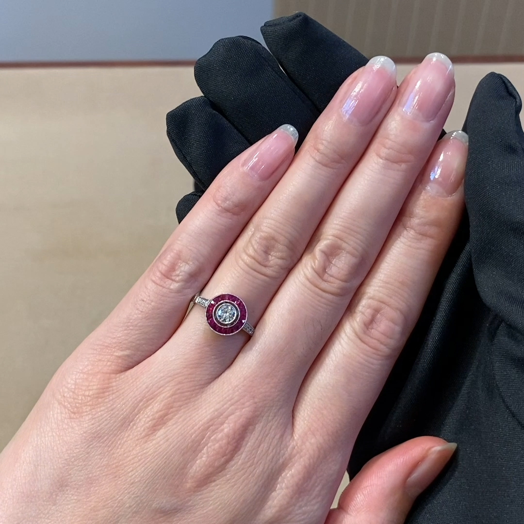 Art Deco Inspired 0.34ct Diamond and Ruby Target Ring in Platinum