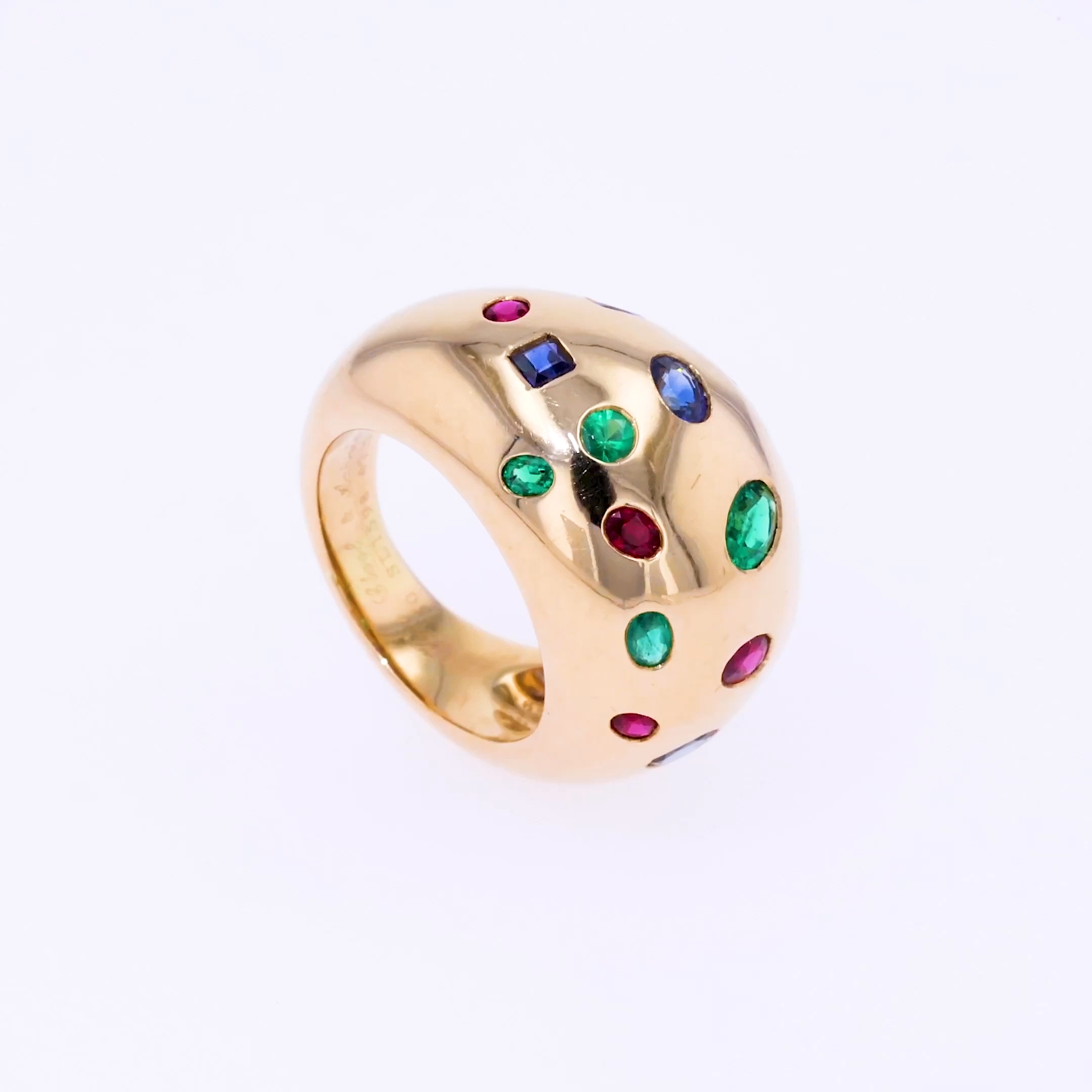 1990s Van Cleef & Arpels Emerald, Sapphire & Ruby Bombé Ring in 18ct Yellow Gold