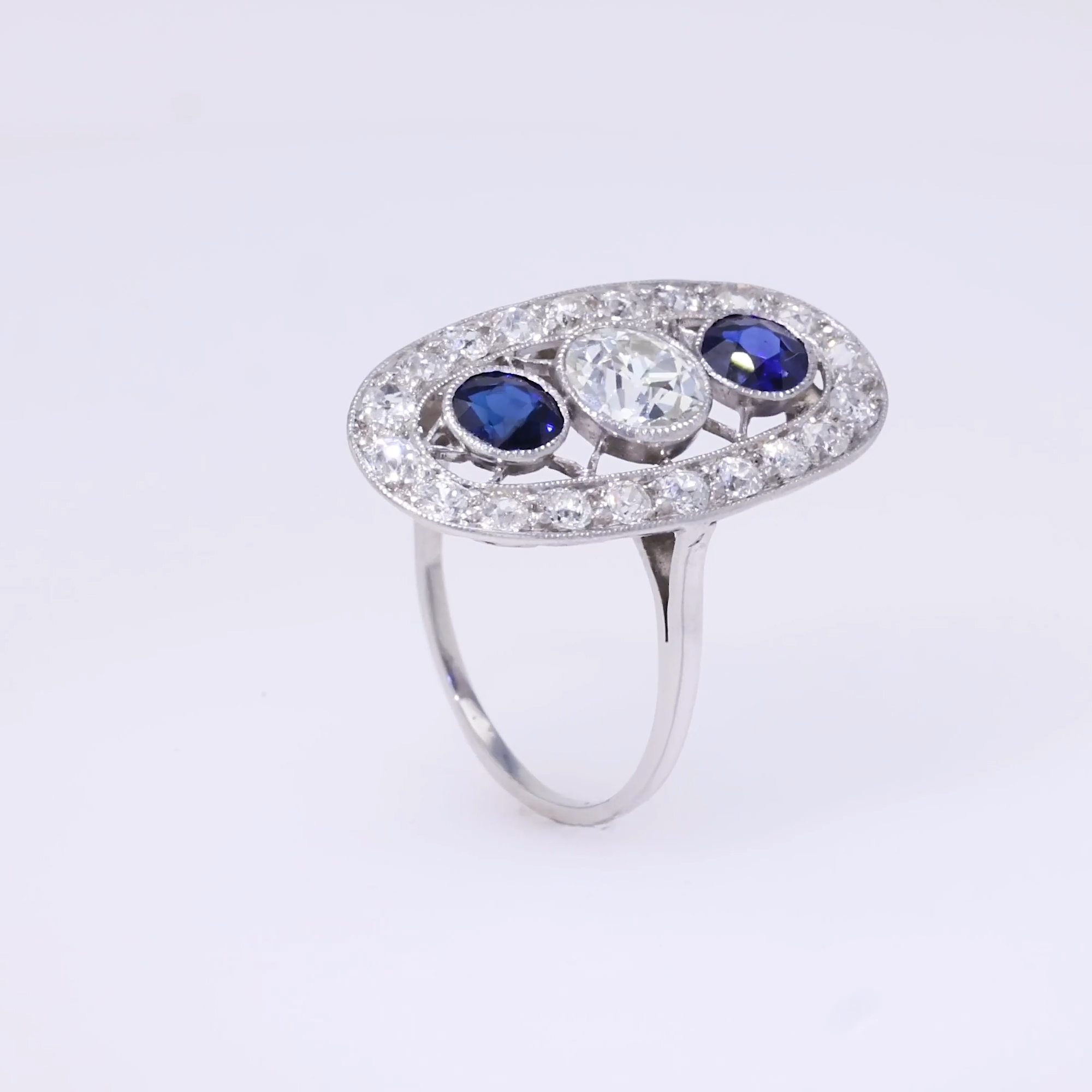 Edwardian Inspired Sapphire and Diamond Cluster Ring with Diamond Surround 0.75ct in Platinum
