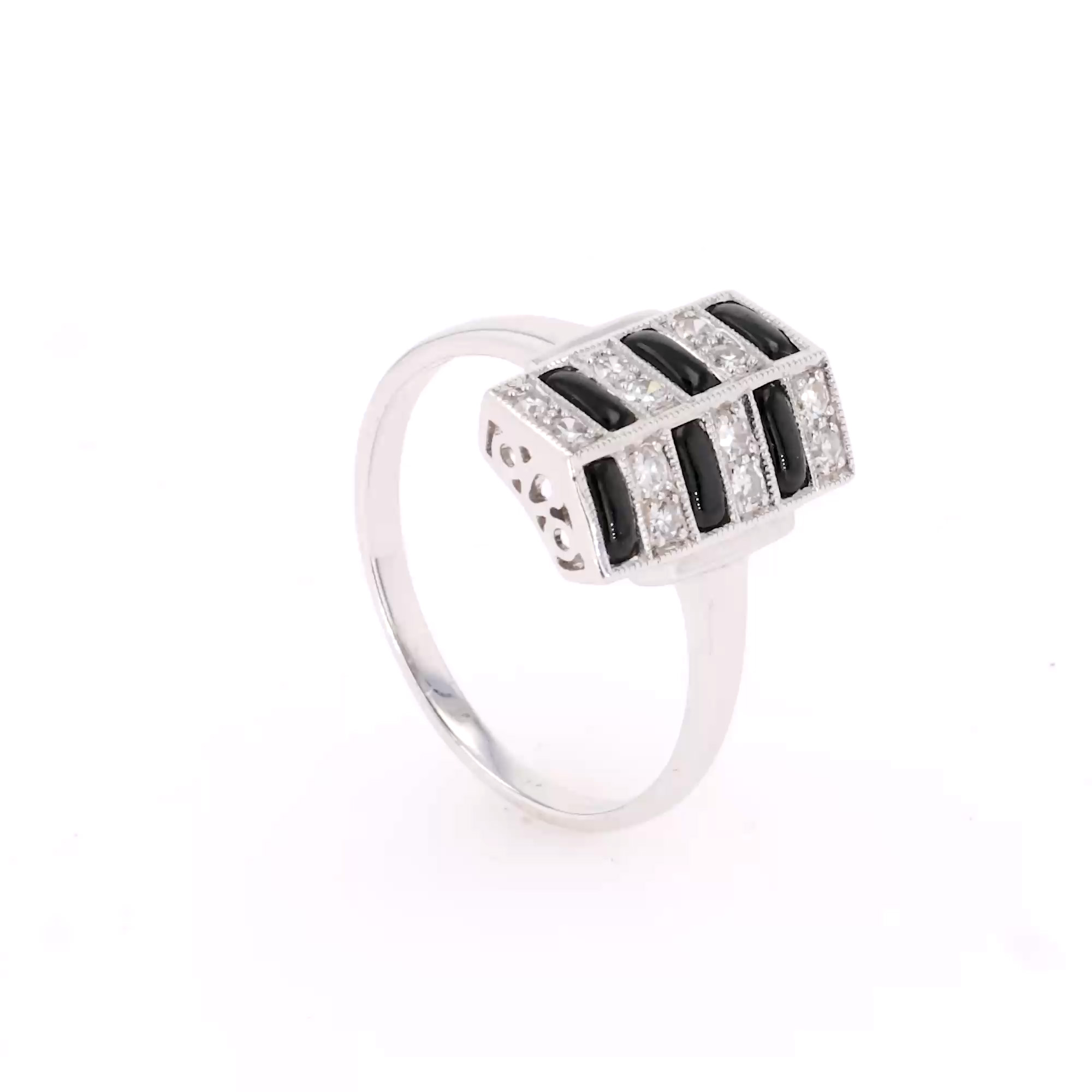 Art Deco Style Brilliant Cut Diamond and Black Onyx Plaque Ring in 18ct White Gold