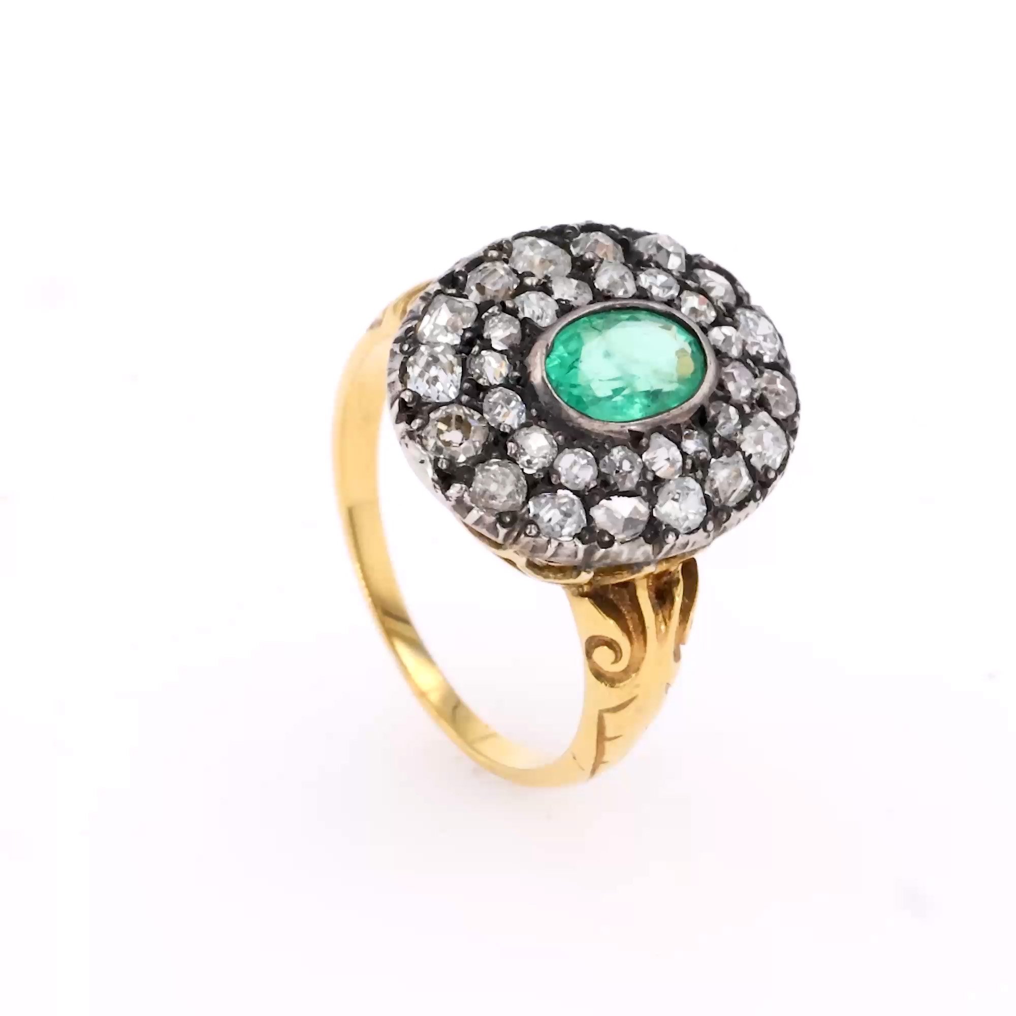 Victorian Oval Cut 0.60ct Emerald and Diamond Cluster Ring 