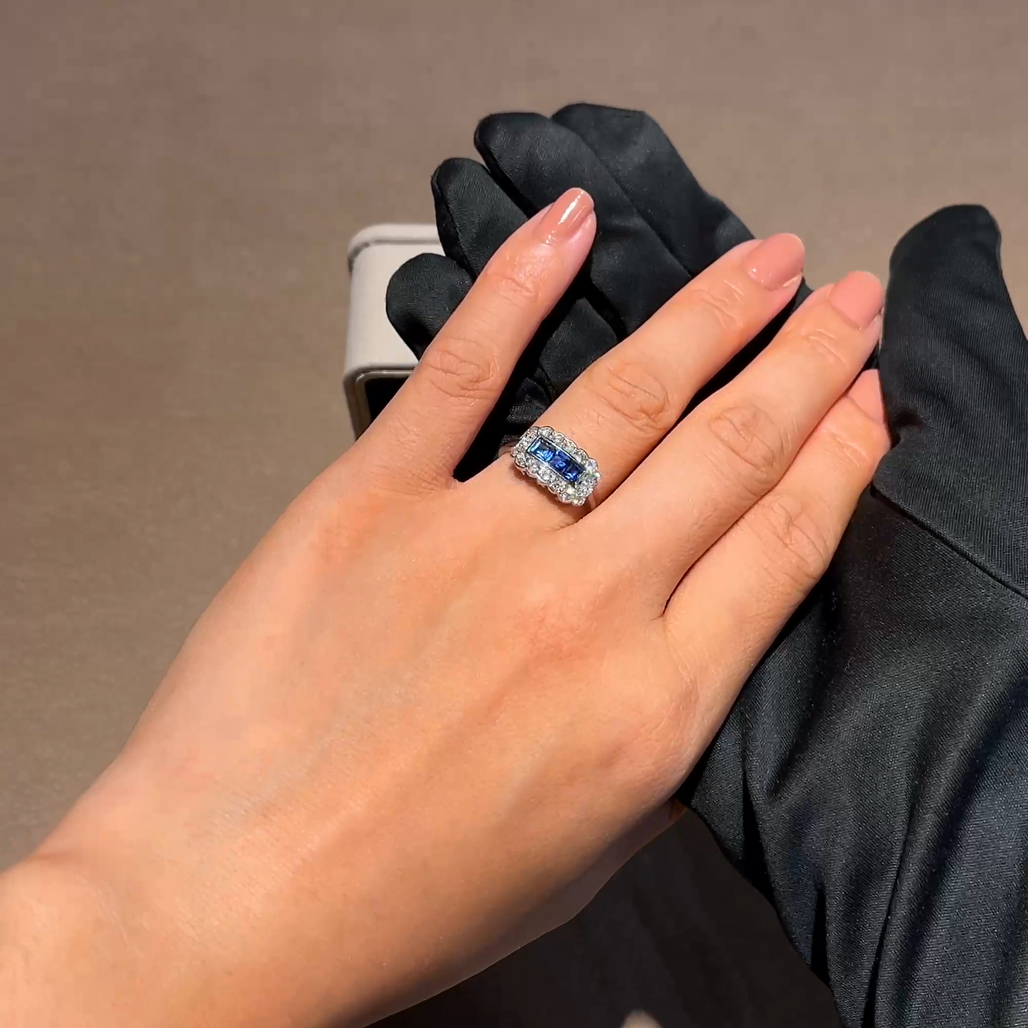 Square Step Cut Sapphire and Diamond Ring in Platinum