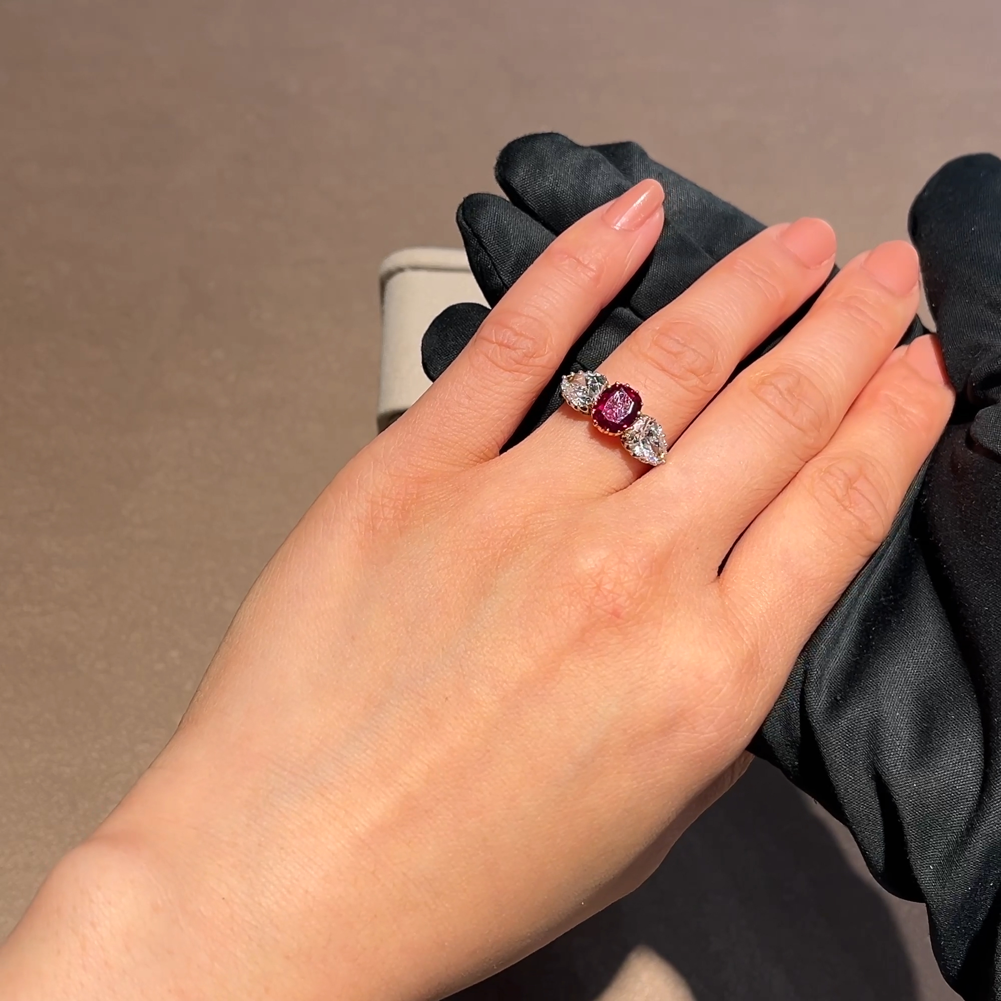 Edwardian 1.63ct Burmese Ruby and Diamond Three Stone Ring in 18ct Yellow Gold and Platinum