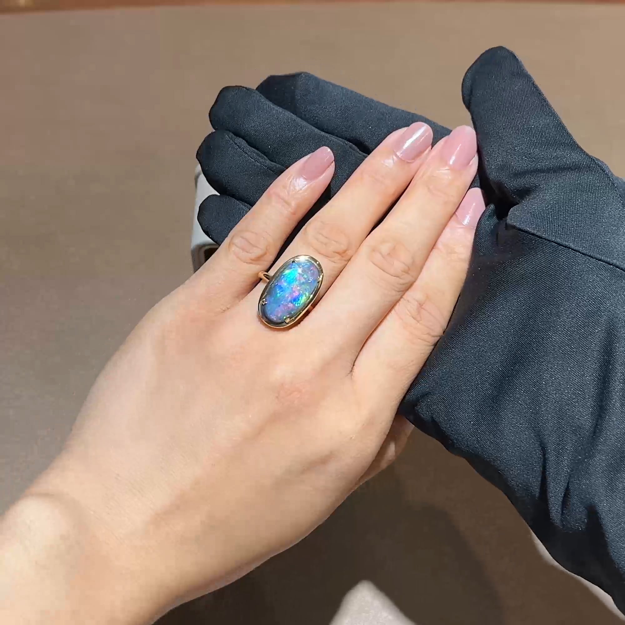 Skimming Stone Cabochon Cut 6.00ct Natural Black Opal and Diamond Ring in 18ct Yellow Gold