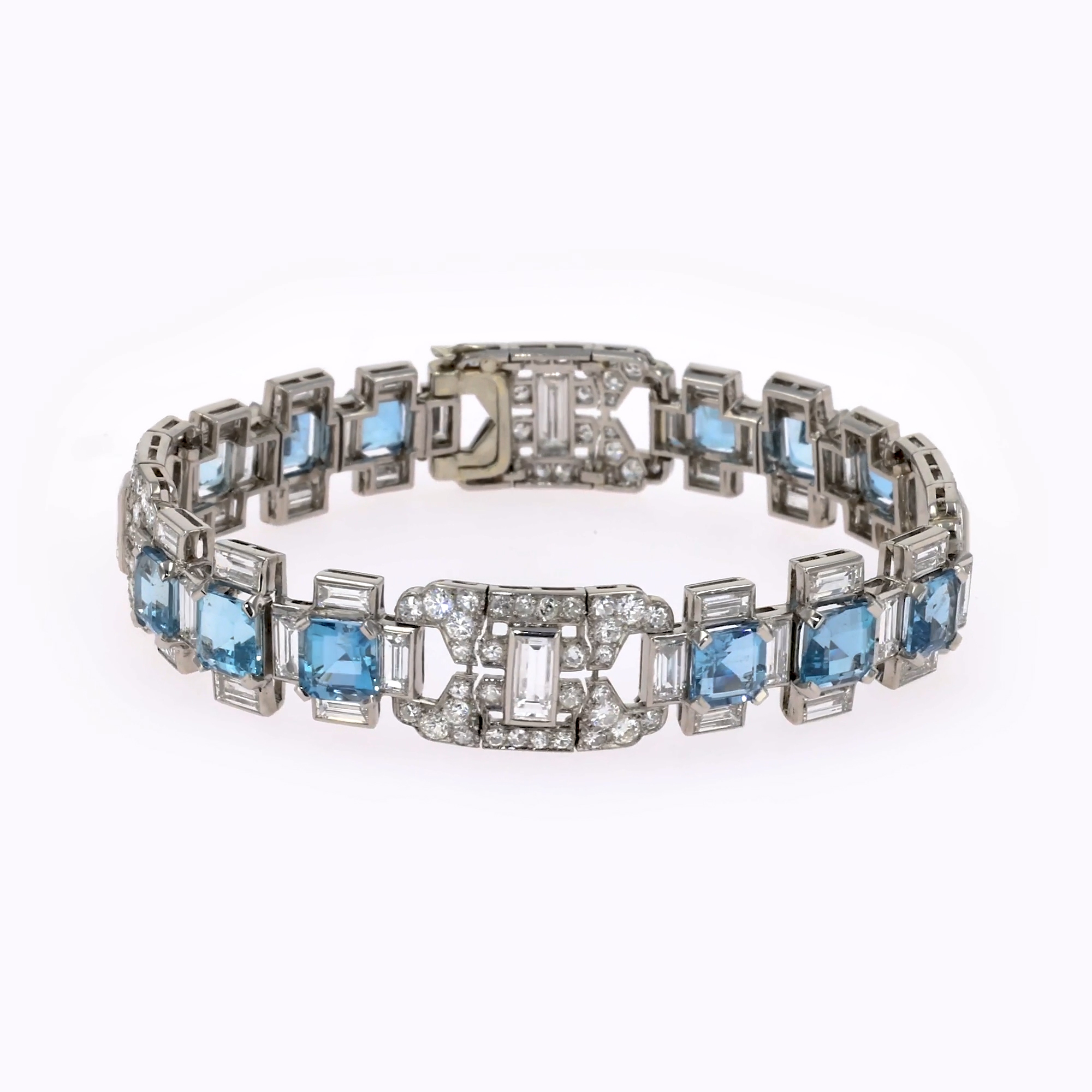 French Art Deco Aquamarine & Diamond bracelet 11.00cts in Platinum & 18ct White Gold