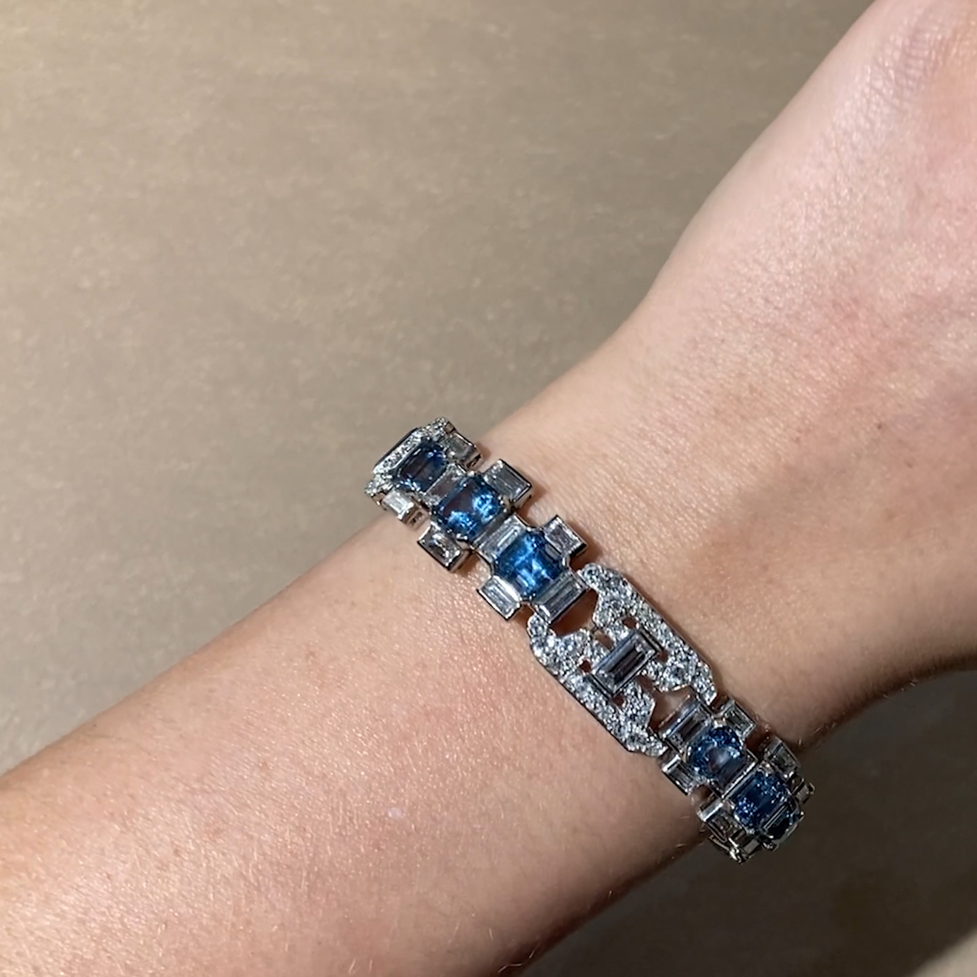 French Art Deco Aquamarine & Diamond bracelet 11.00cts in Platinum & 18ct White Gold