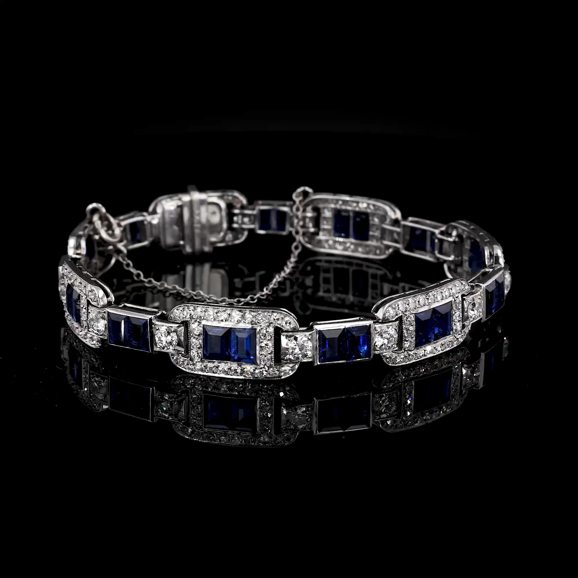Art Deco Baguette Cut Sapphire and Diamond Line Bracelet in Platinum