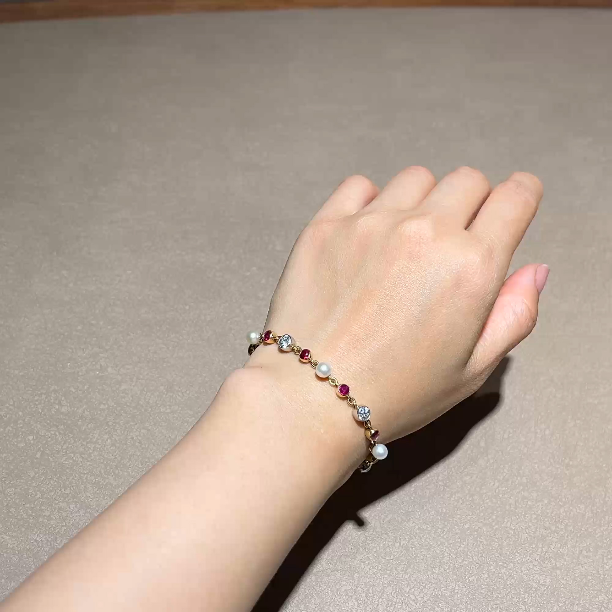 Belle Epoque Ruby, Diamond and Pearl Bracelet in 18ct Yellow Gold and Platinum