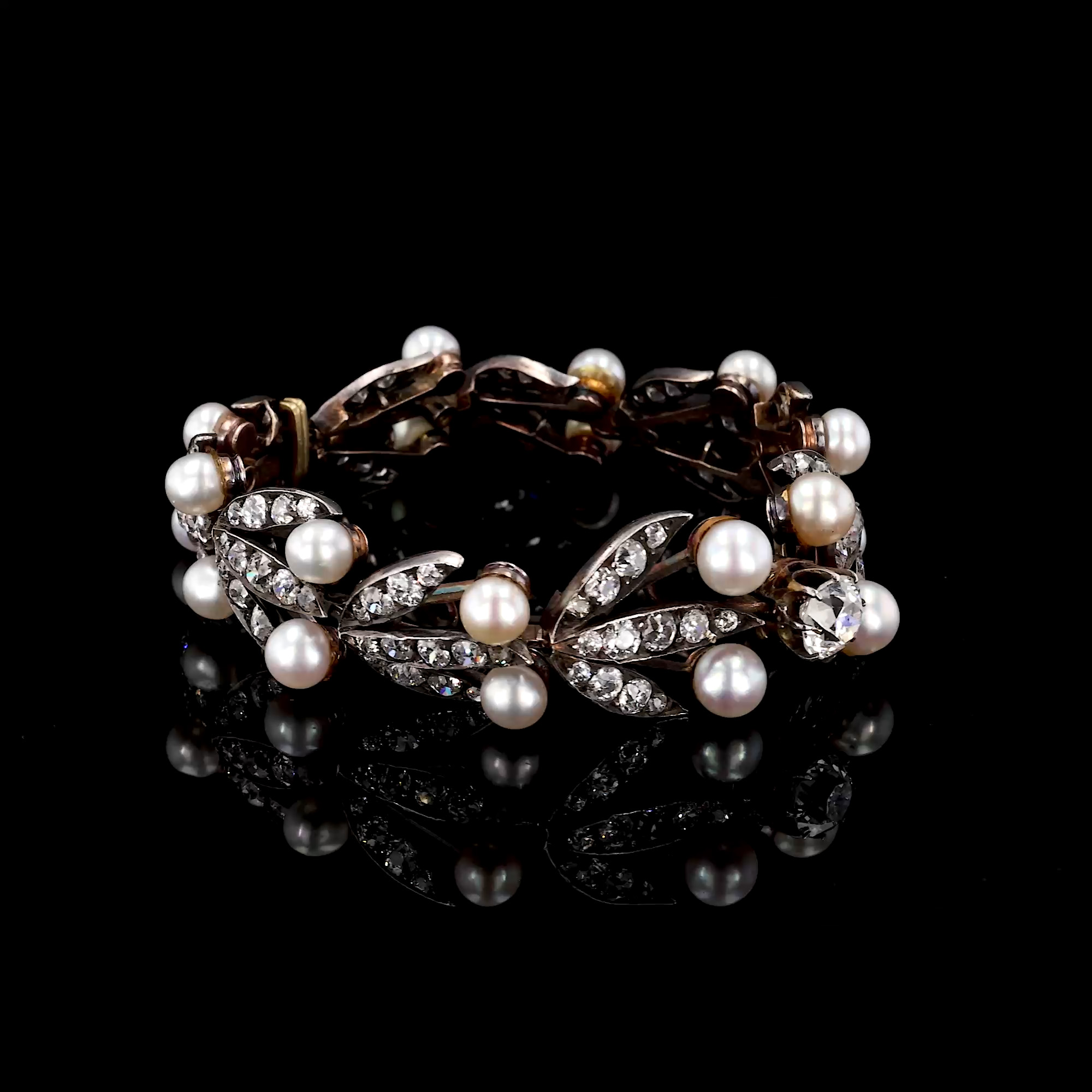 Victorian Old Cut 12.50ct Diamond and Pearl Bracelet In Silver and Gold