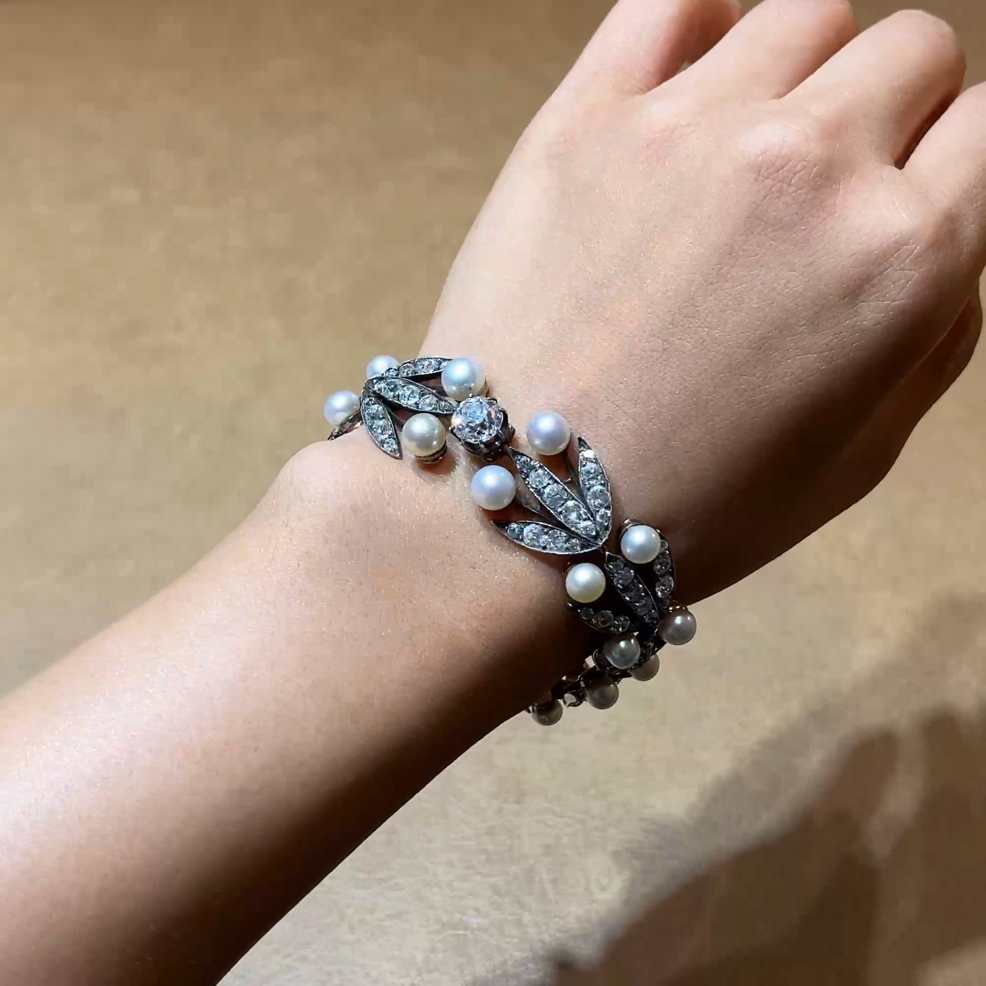 Victorian Old Cut 12.50ct Diamond and Pearl Bracelet In Silver and Gold