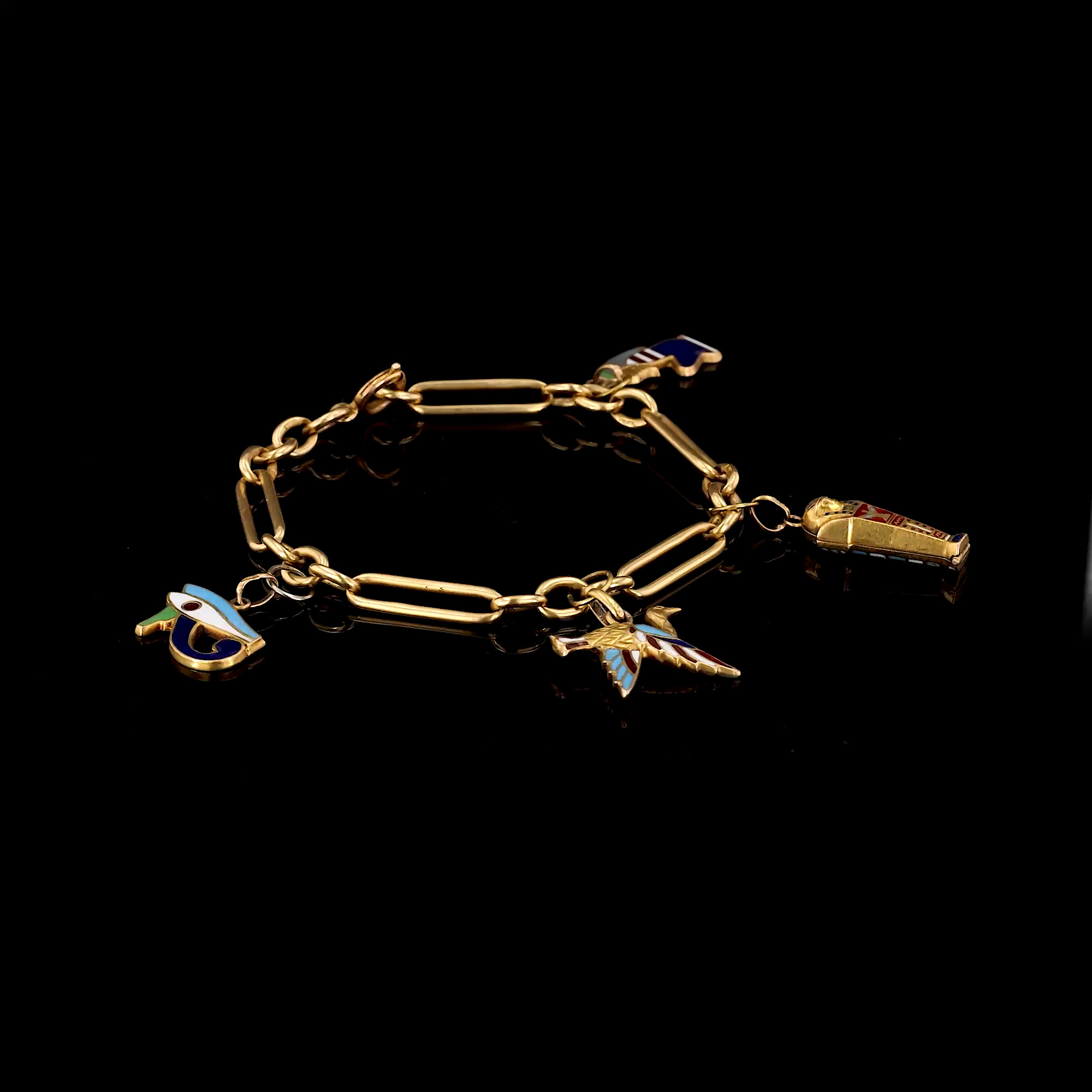 Art Deco ‘Tut-Mania’ Egyptian Charm Bracelet in 18ct Yellow Gold and Enamel