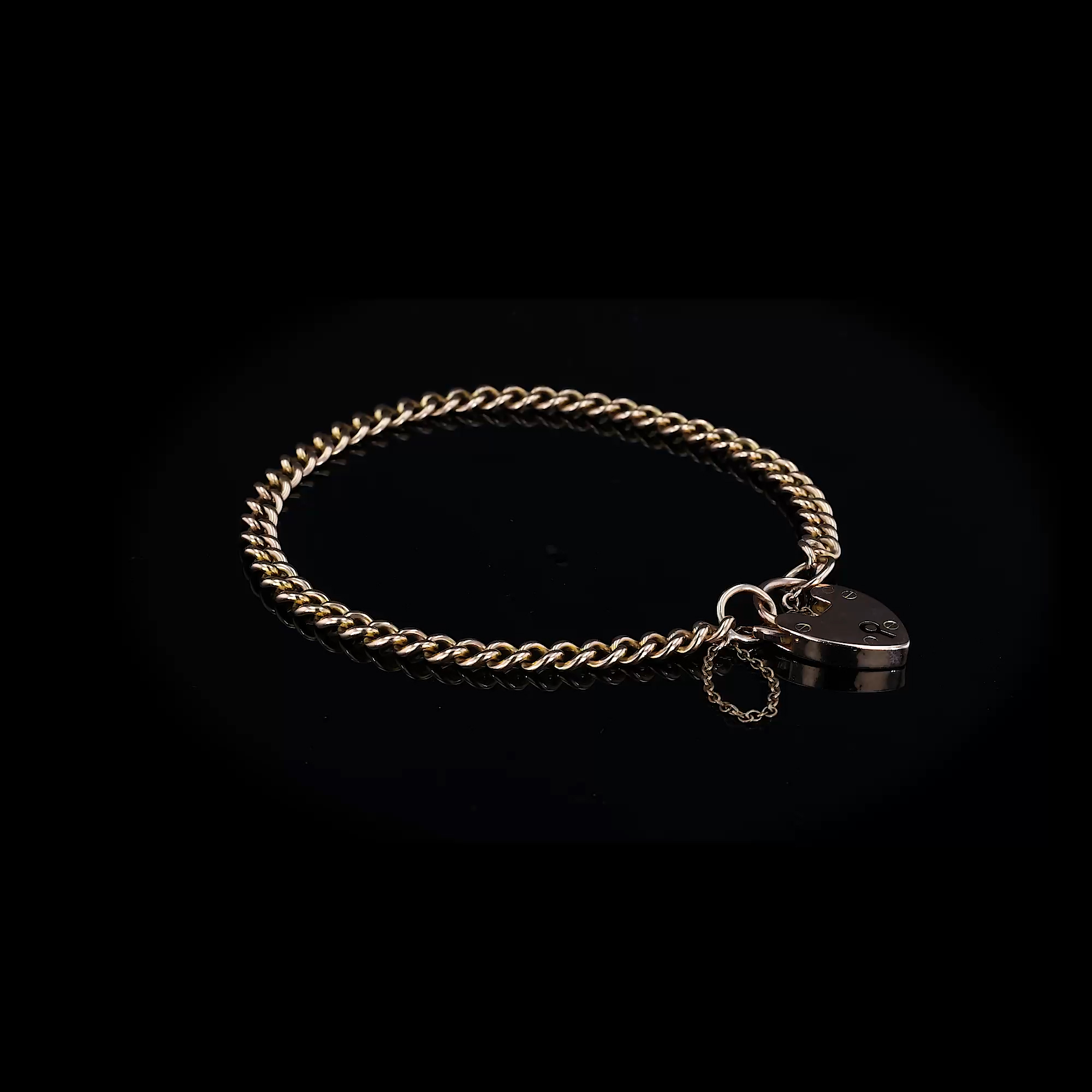 Edwardian Heart Padlock Curb Link Chain Bracelet in 9ct Rose Gold