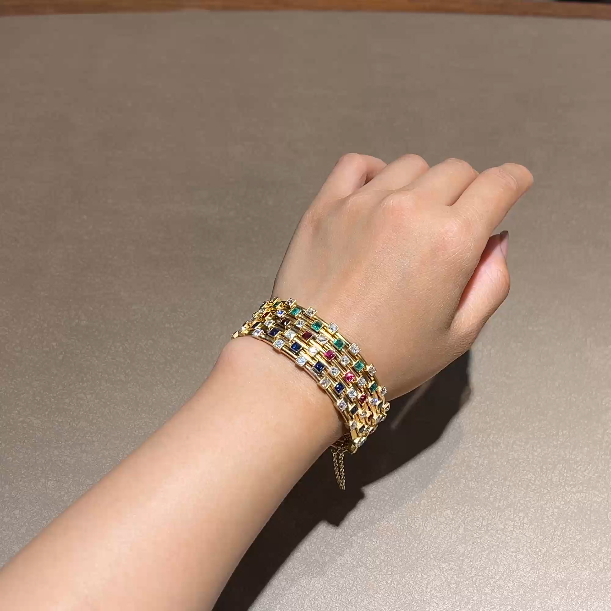 Belle Epoque Mellerio Diamond, Emerald, Ruby & Sapphire Seven Row Harem Bangle in 18ct Yellow Gold