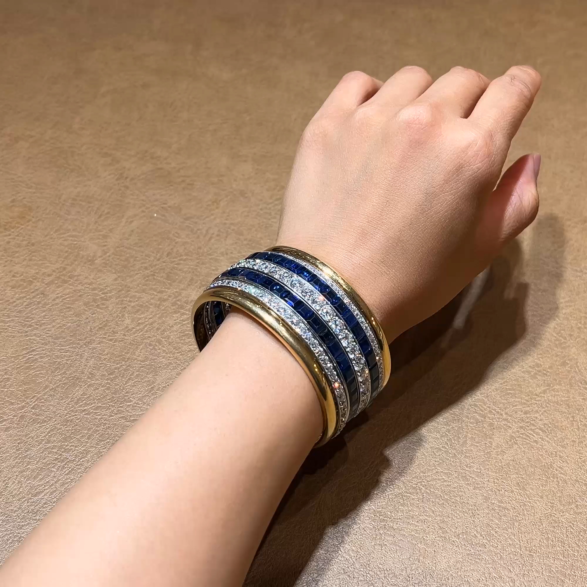Art Deco 55ct Sapphire and Diamond Bangle in 18ct Yellow Gold and Platinum