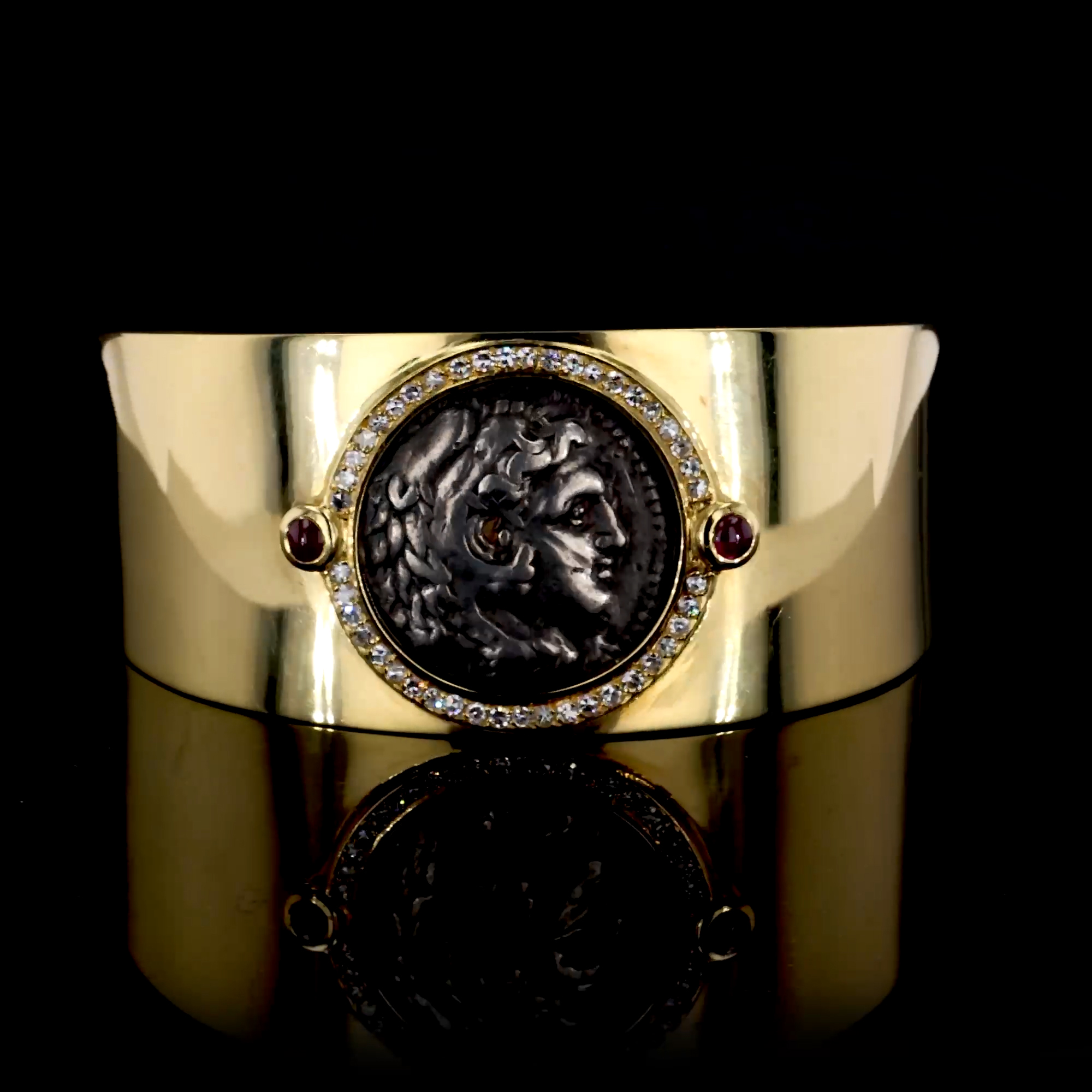 Ruby and Diamond Alexander the Great and Zeus Tetradrachm Coin Bangle in 18ct Yellow Gold