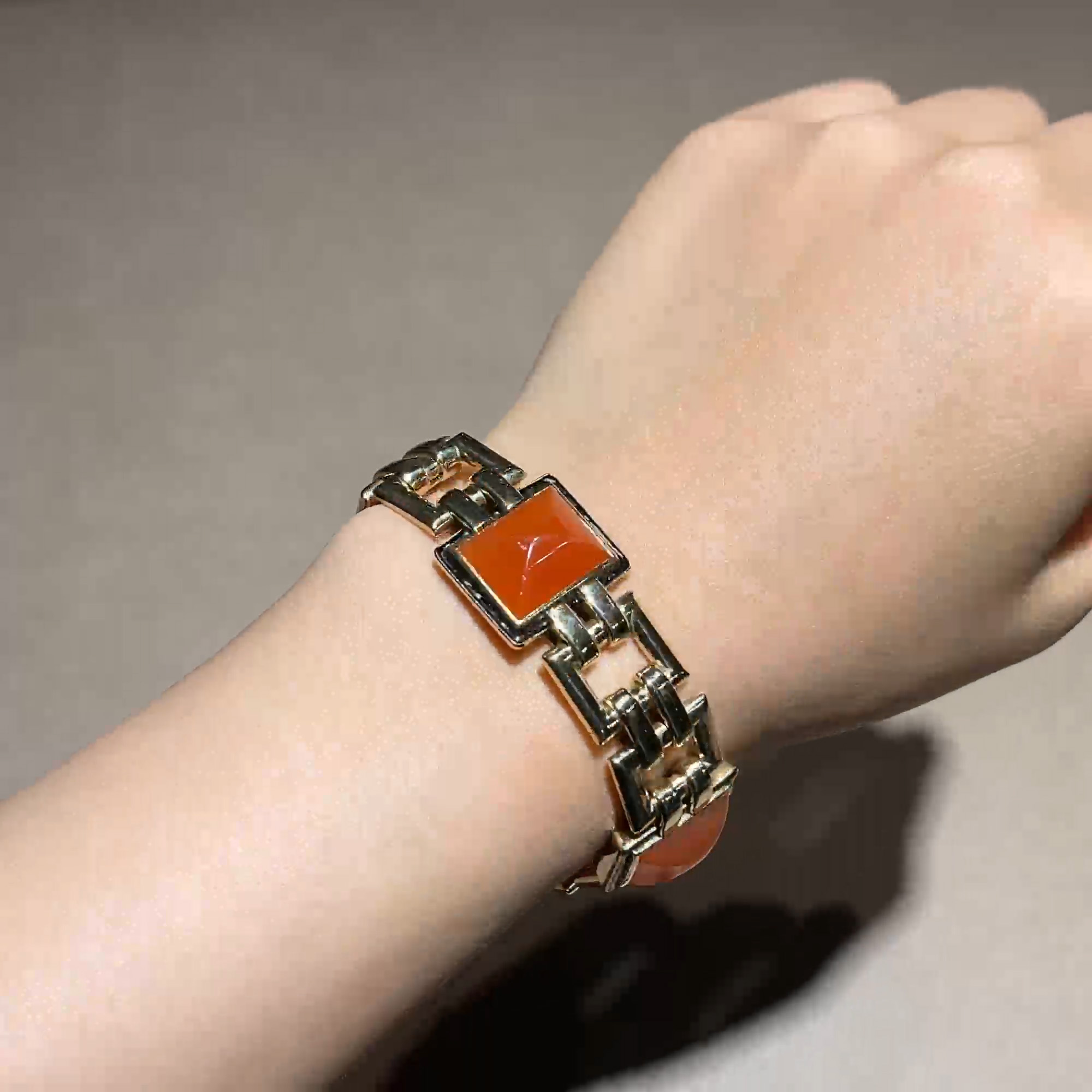 Art Deco Georges L'Enfant Chalcedony and Enamel Link Bracelet in 18ct Yellow Gold