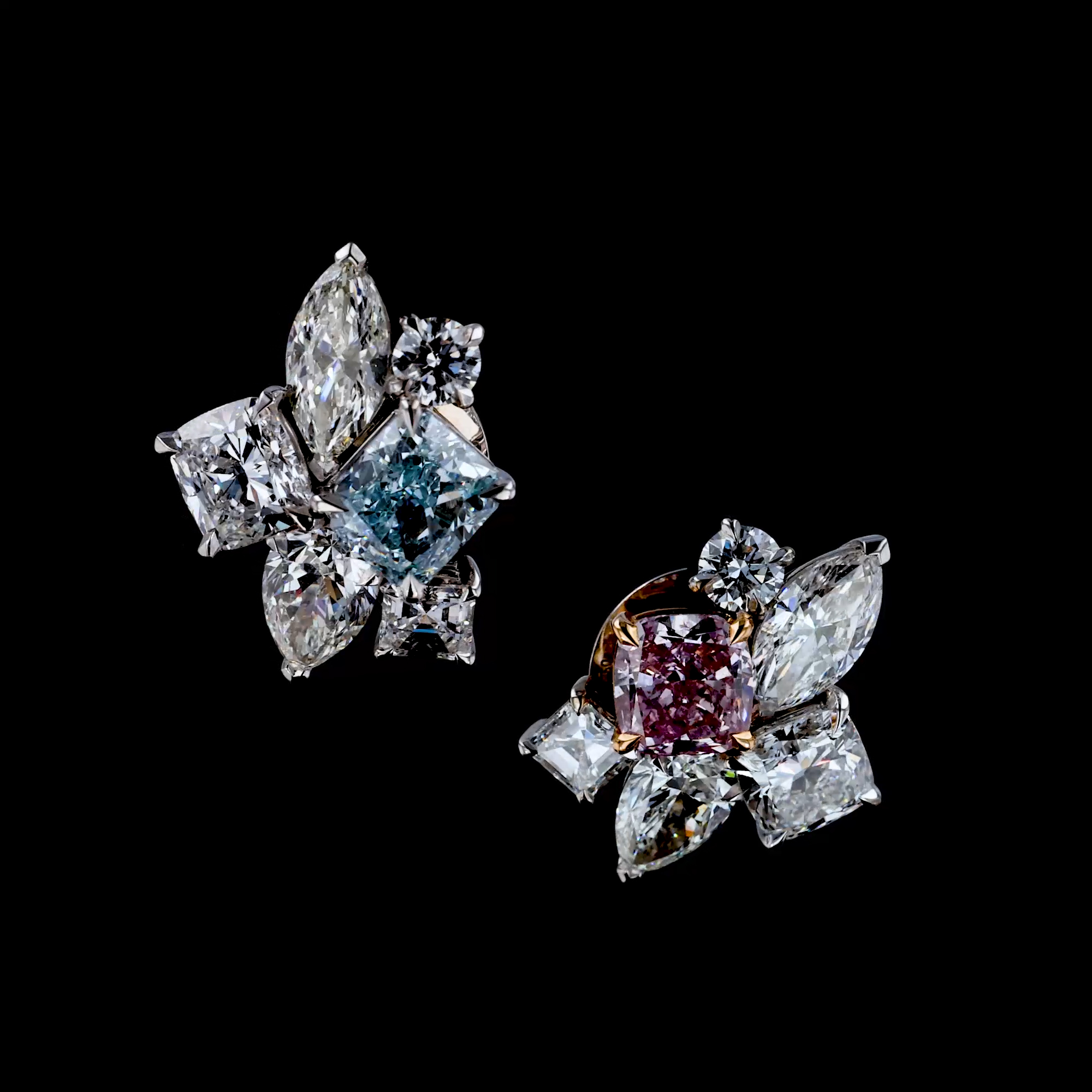 Masterpiece Bloom Setting Fancy Greenish Blue and Natural Fancy Purple Pink Diamond Cluster Earrings in 18ct White and Rose Gold