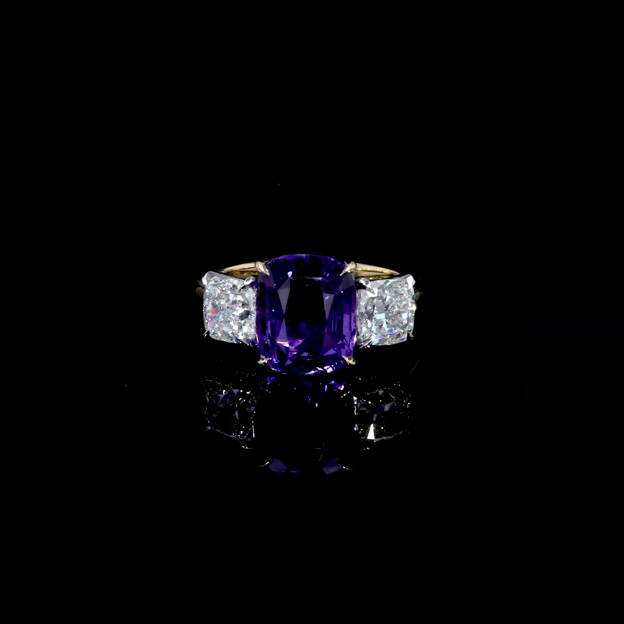 Masterpiece 5.41ct Colour Change Sapphire and Diamond Three Stone Ring in 18ct Yellow Gold and Platinum