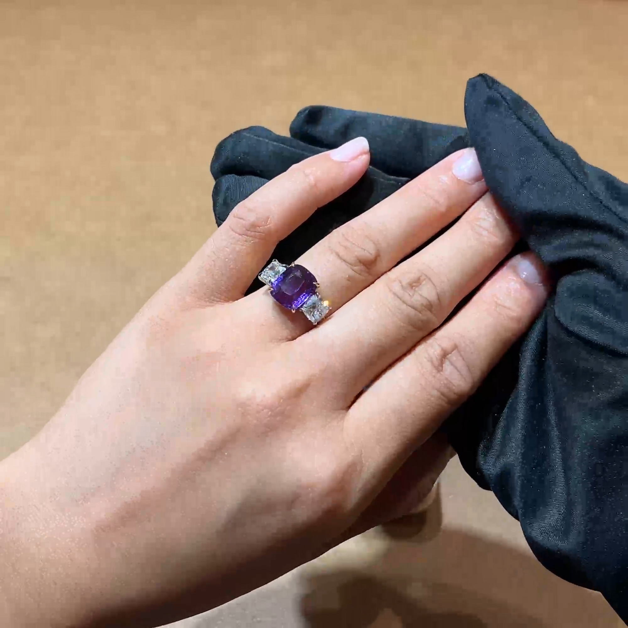 Masterpiece 5.41ct Colour Change Sapphire and Diamond Three Stone Ring in 18ct Yellow Gold and Platinum