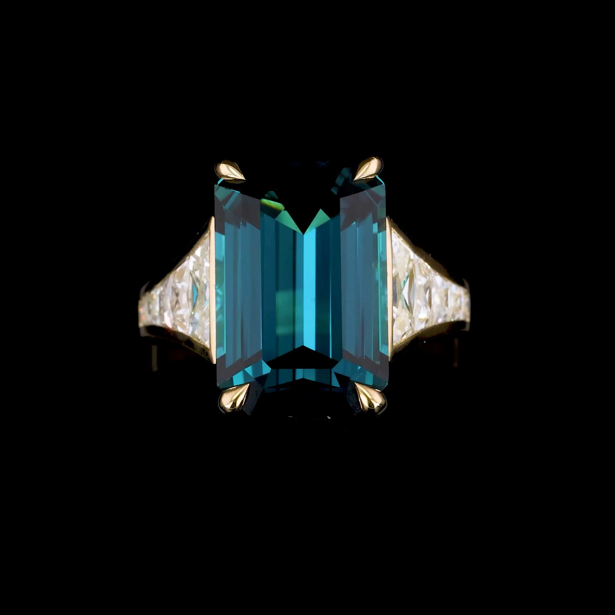 Masterpiece 11.84ct Emerald Cut Lagoon Tourmaline and Diamond Ring in 18ct Yellow Gold