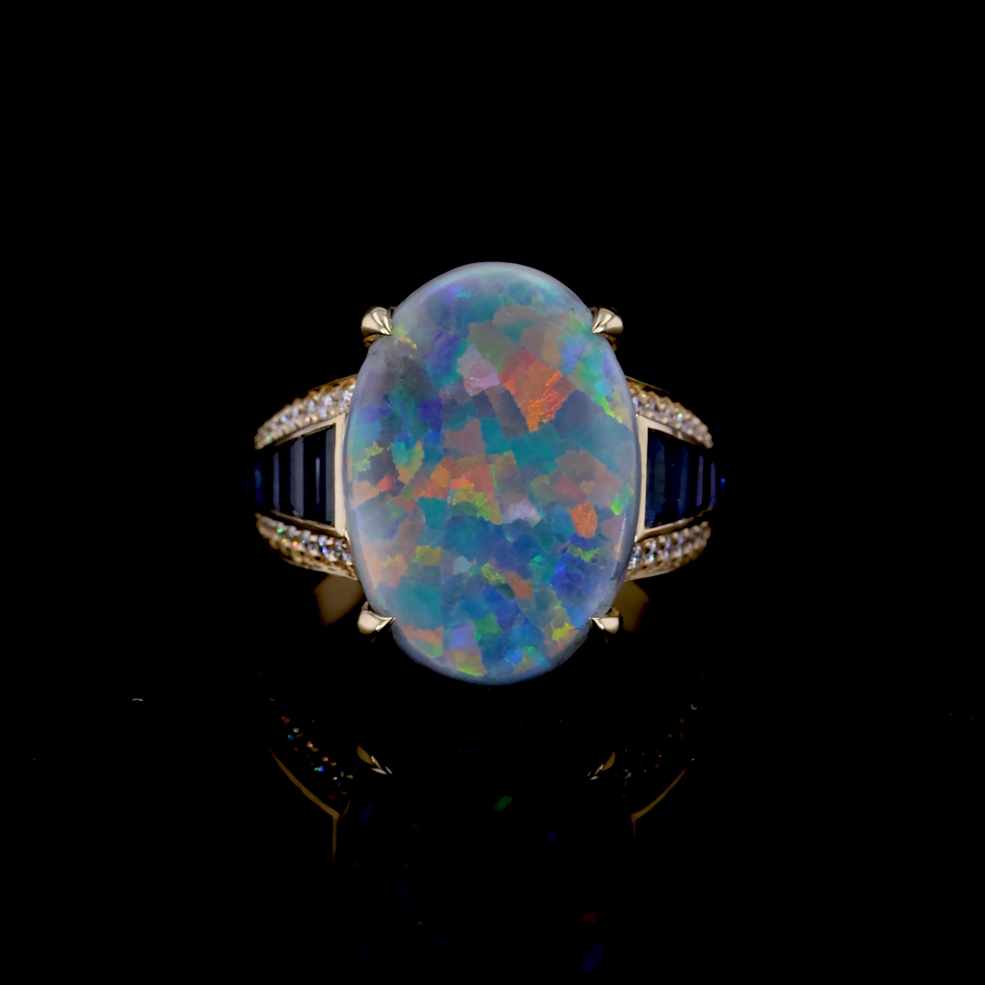 Masterpiece Cabochon Cut 5.32ct Black Opal and Sapphire Ring in 18ct Yellow Gold