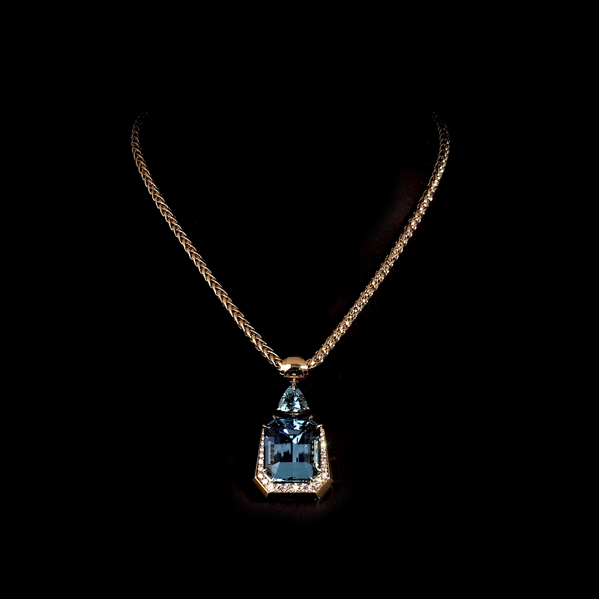 Masterpiece 44.77ct Lukusuzi Aquamarine and Diamond Pendant in 18ct Yellow Gold