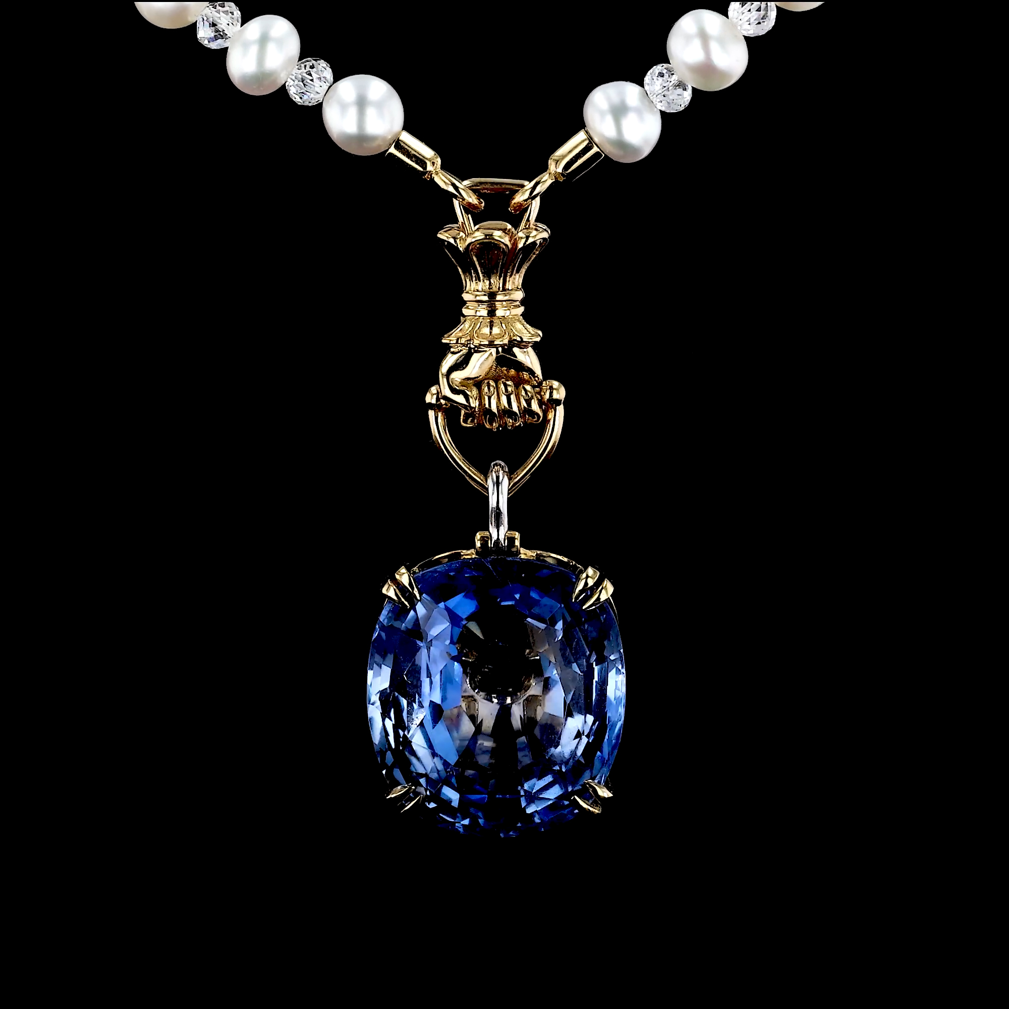 Masterpiece 37.09ct Sri Lankan Sapphire, Keshi Pearl and Diamond Figa Fortune Pendant in 18ct Yellow Gold