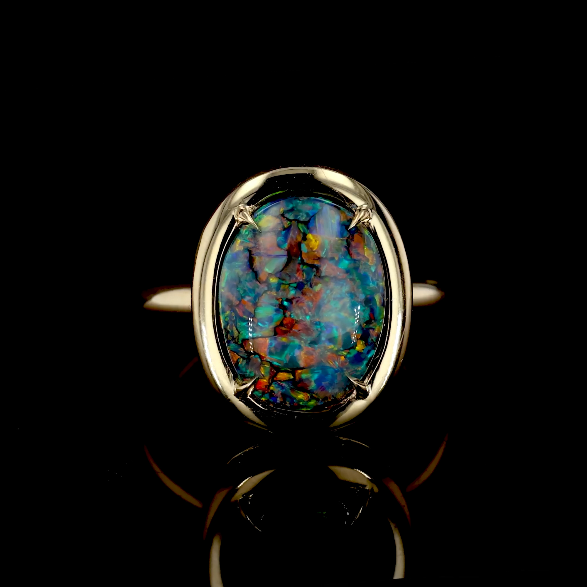 Masterpiece Skimming Stone Australian Black Opal, Sapphire, Paraiba, Ruby and Tsavorite Ring in 18ct Yellow Gold
