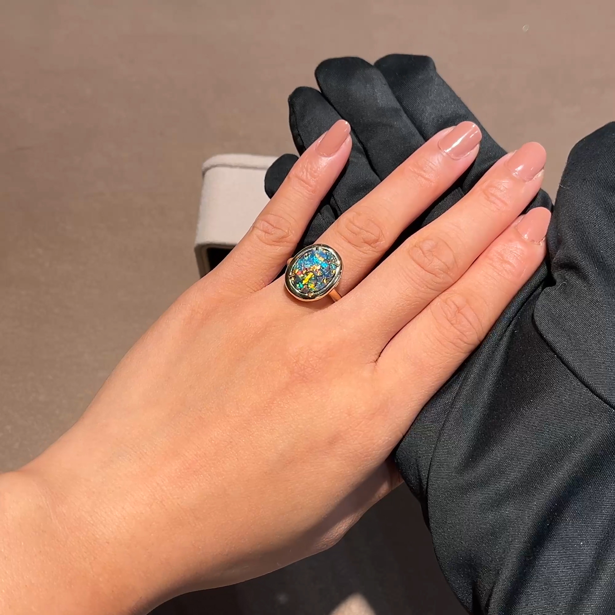 Masterpiece Skimming Stone Australian Black Opal, Sapphire, Paraiba, Ruby and Tsavorite Ring in 18ct Yellow Gold