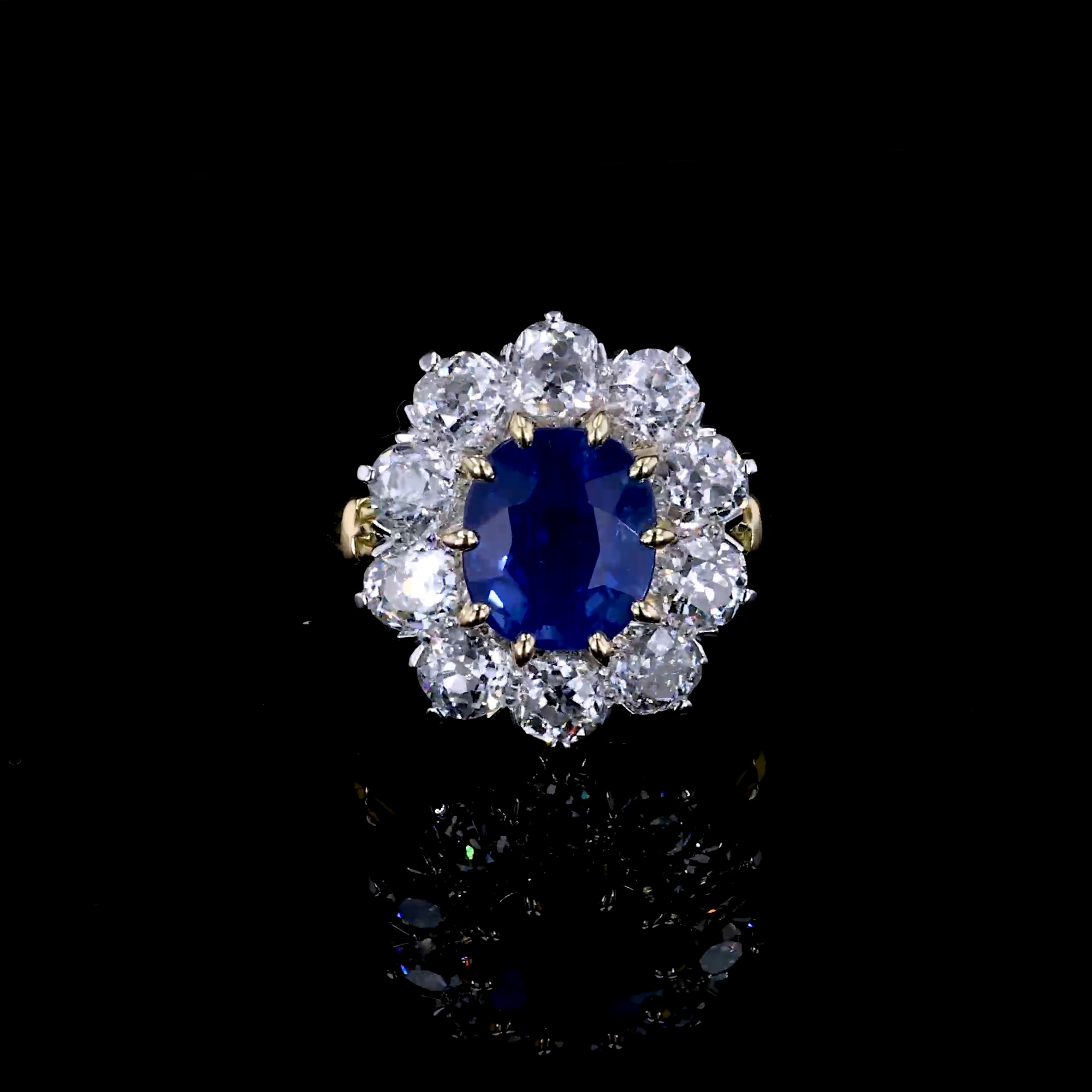 Masterpiece Cushion Cut 4.147ct Kashmir Sapphire Cluster Ring in 18ct Yellow Gold