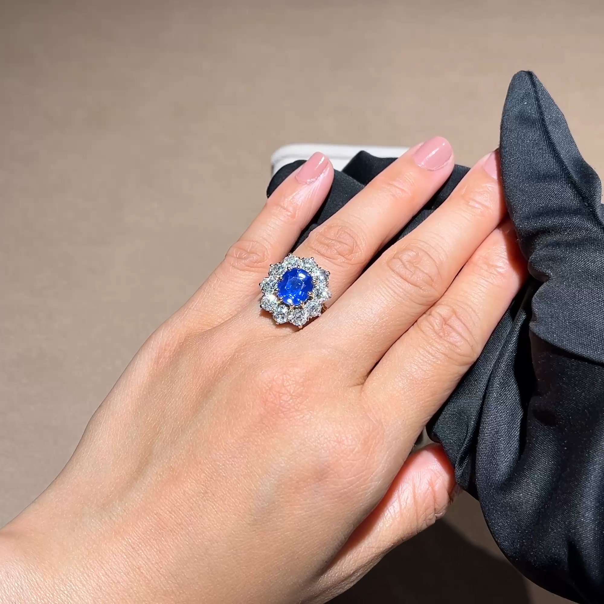 Masterpiece Cushion Cut 4.147ct Kashmir Sapphire Cluster Ring in 18ct Yellow Gold