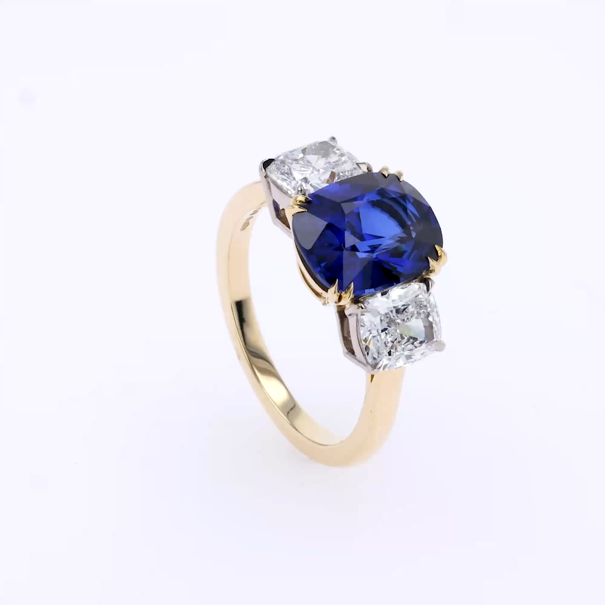 Cushion Cut 4.06ct Sri Lankan Sapphire Three Stone Ring in 18ct Yellow Gold