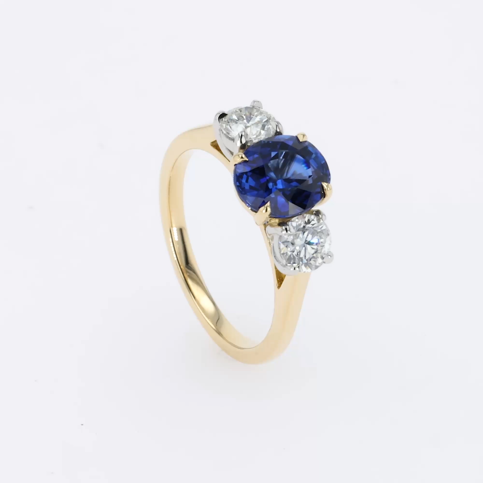 Oval Cut 2.35ct Sapphire and Diamond Three Stone Ring in 18ct Yellow Gold and Platinum