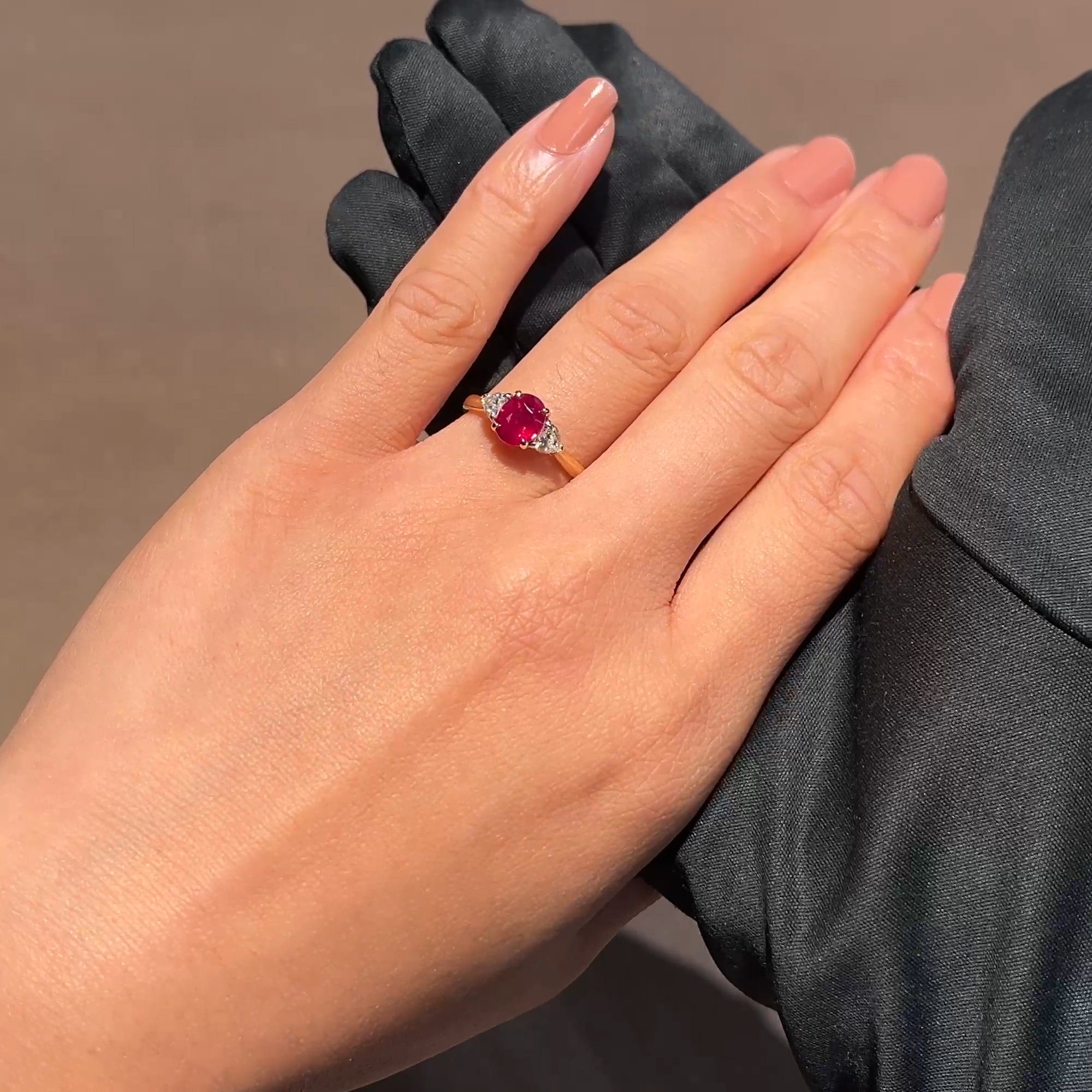 Oval Cut 1.26ct Burmese Ruby and Diamond Ring in 18ct Yellow Gold and Platinum