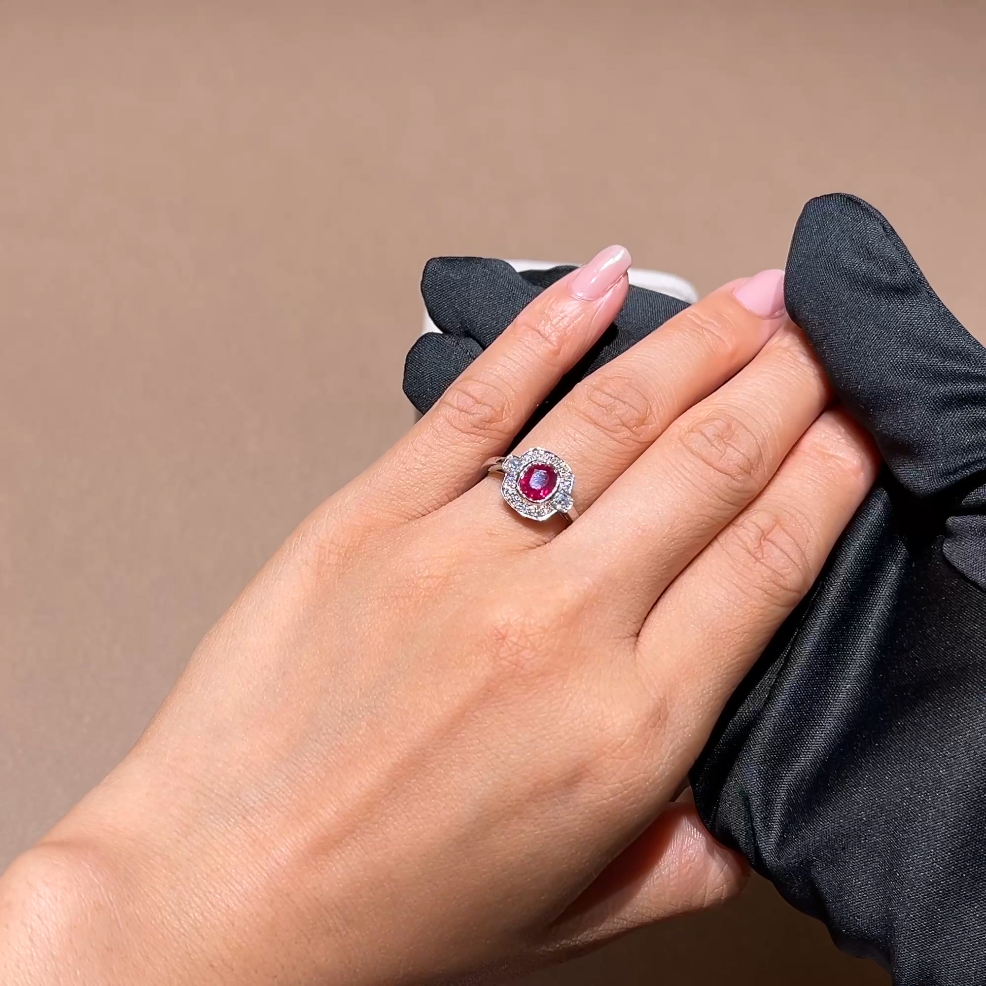 Cushion Cut 1.31ct Ruby and Diamond Cluster Ring in Platinum