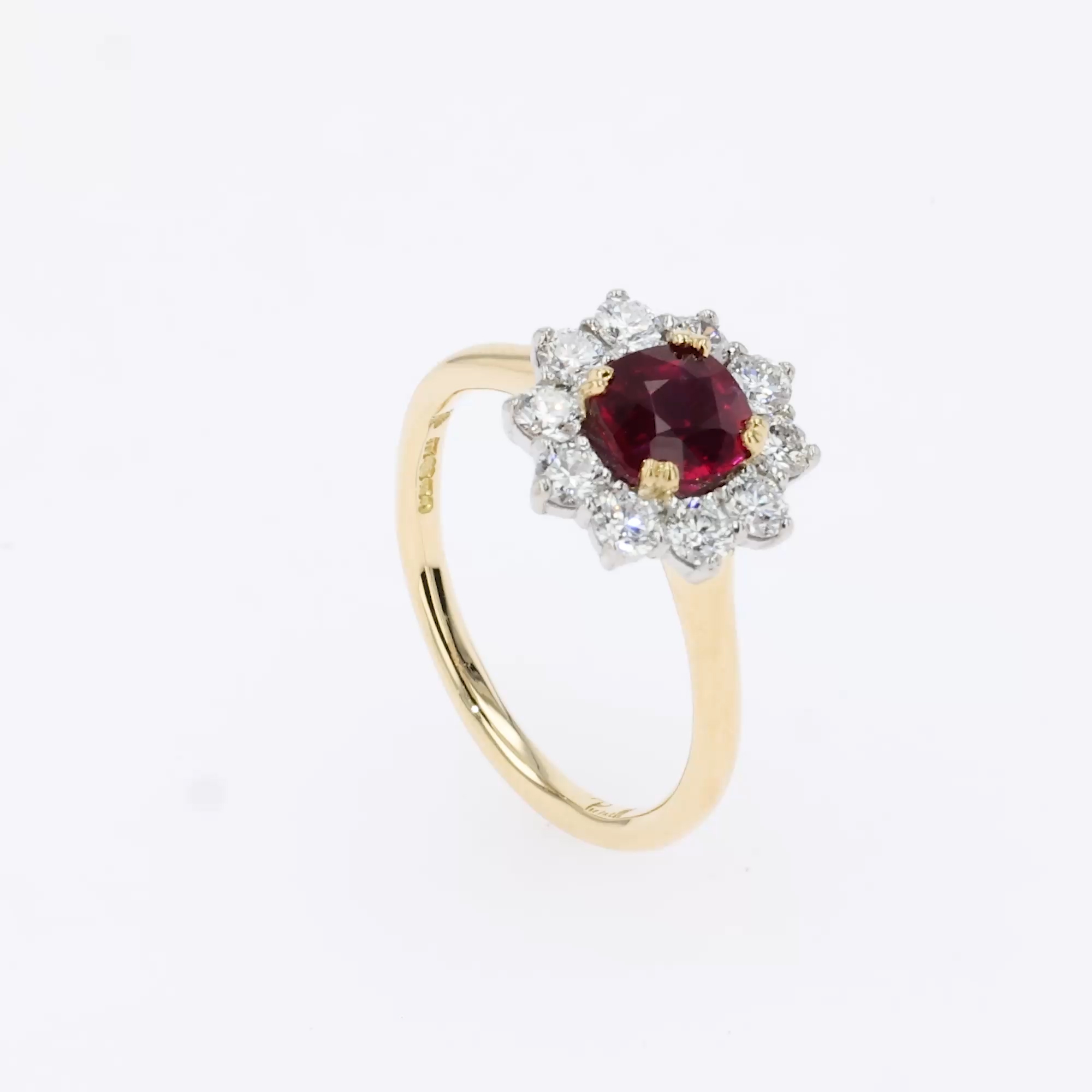 Cushion Cut 1.15ct Mozambique Ruby and Diamond Cluster Ring in 18ct Yellow Gold and Platinum