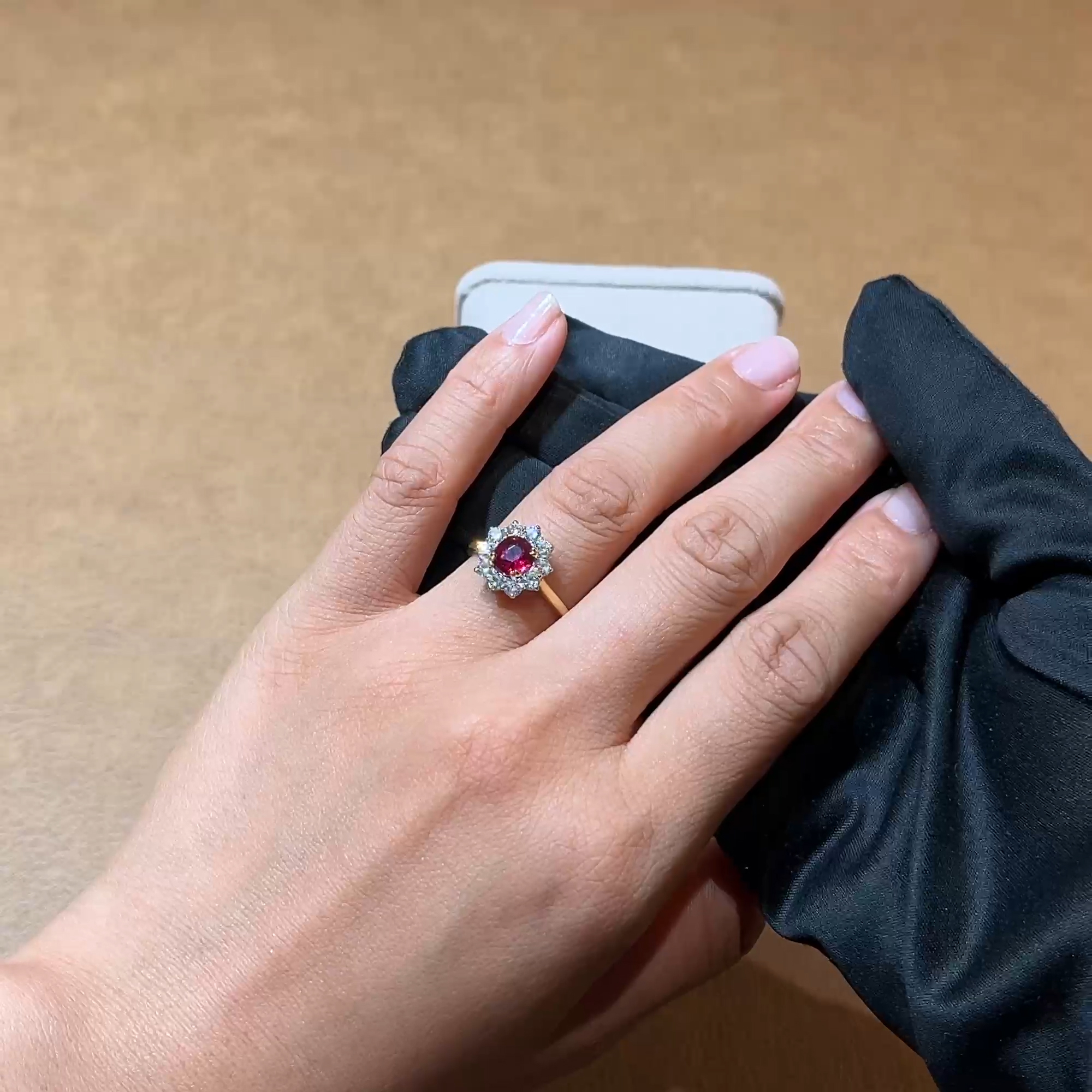 Cushion Cut 1.15ct Mozambique Ruby and Diamond Cluster Ring in 18ct Yellow Gold and Platinum