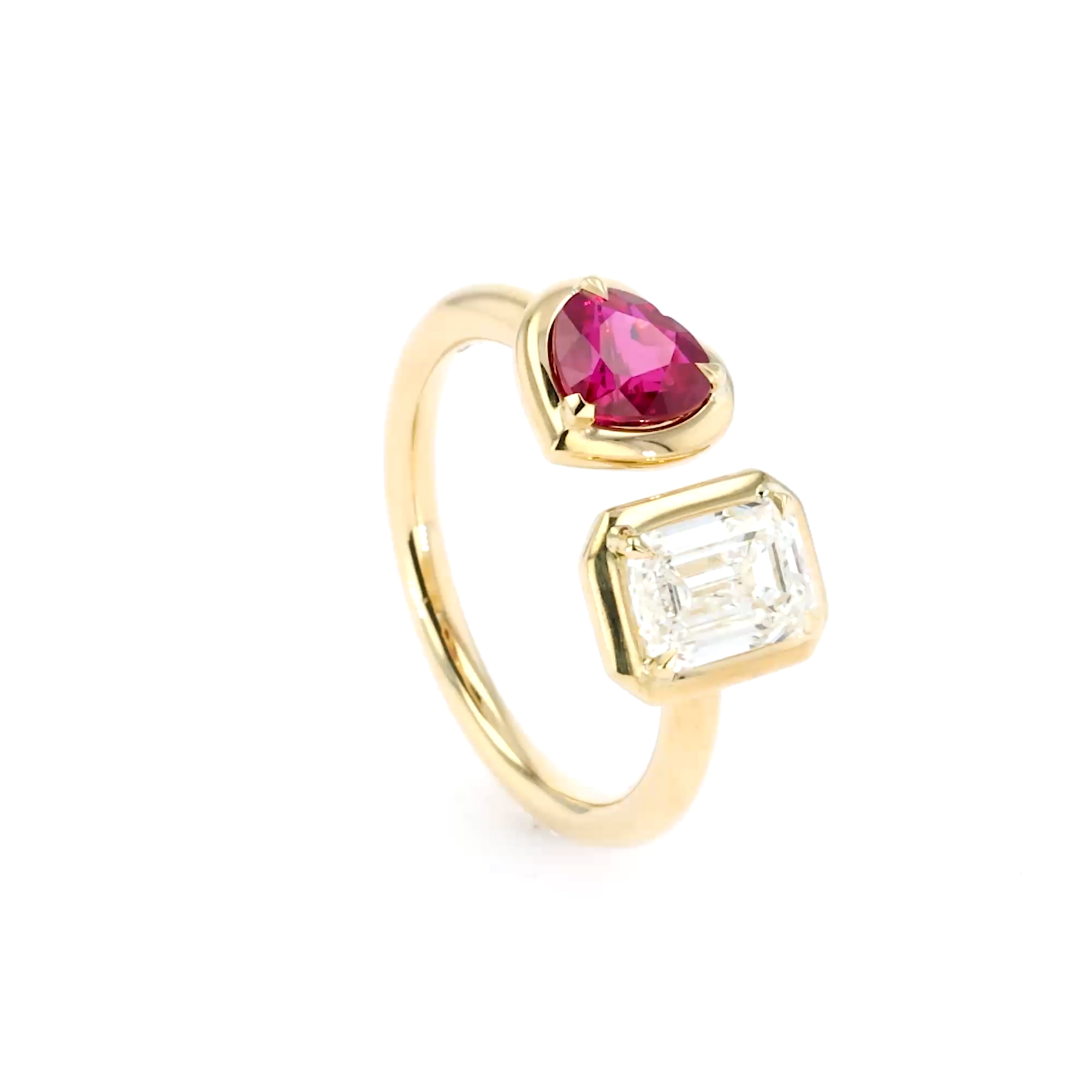 Skimming Stone 1.20ct Diamond and Burma Ruby Toi et Moi Ring in 18ct Yellow Gold