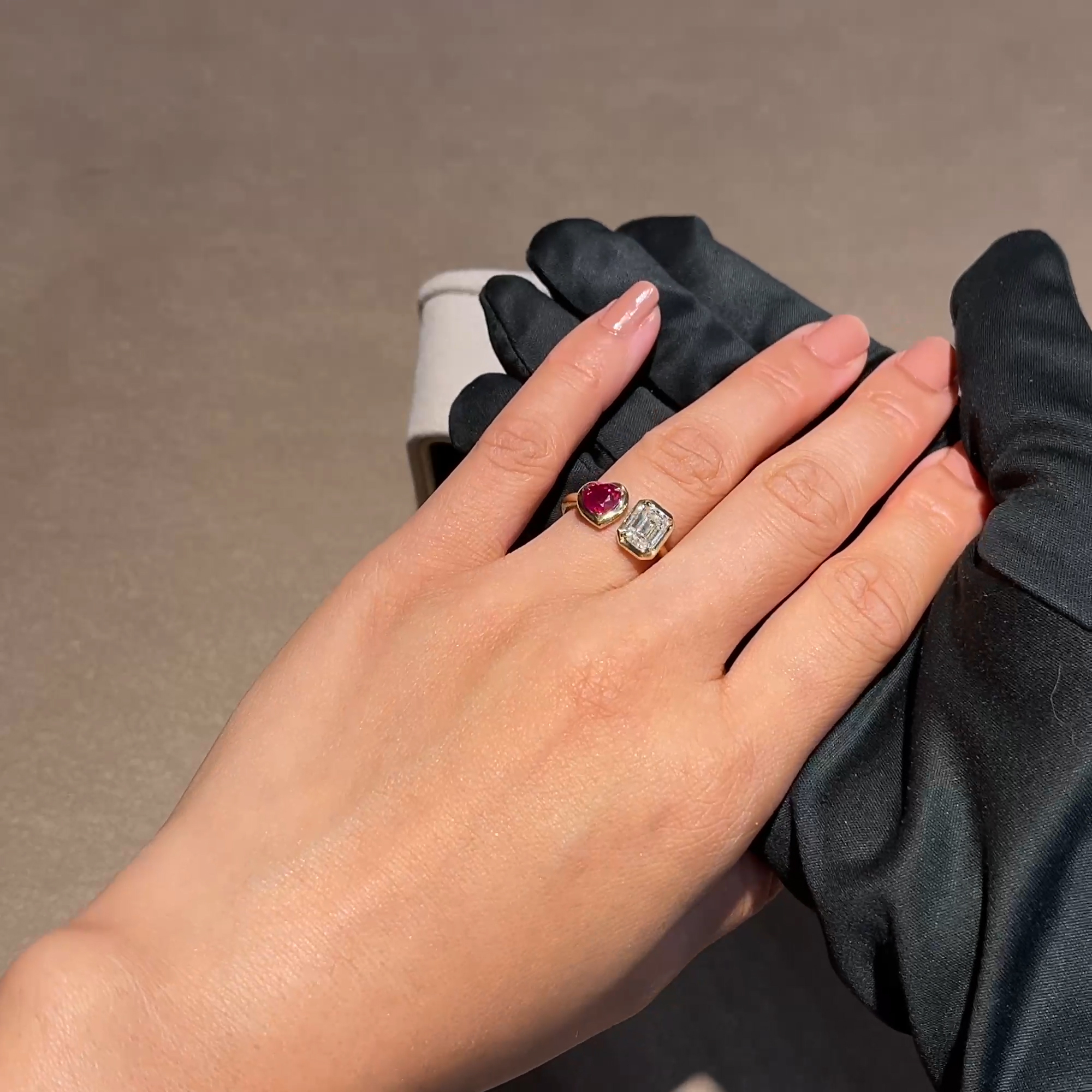 Skimming Stone 1.20ct Diamond and Burma Ruby Toi et Moi Ring in 18ct Yellow Gold