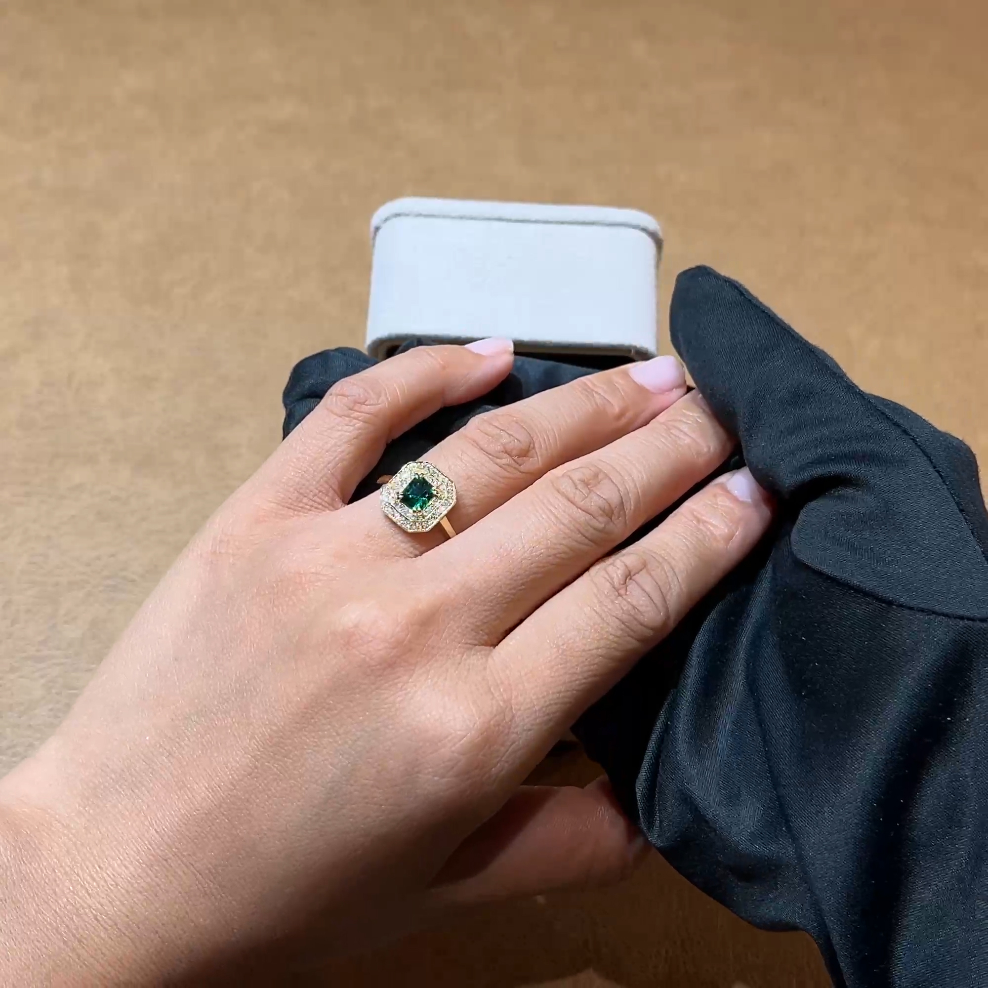 0.69ct Emerald and Diamond Double Halo Cluster Ring in 18ct Yellow Gold