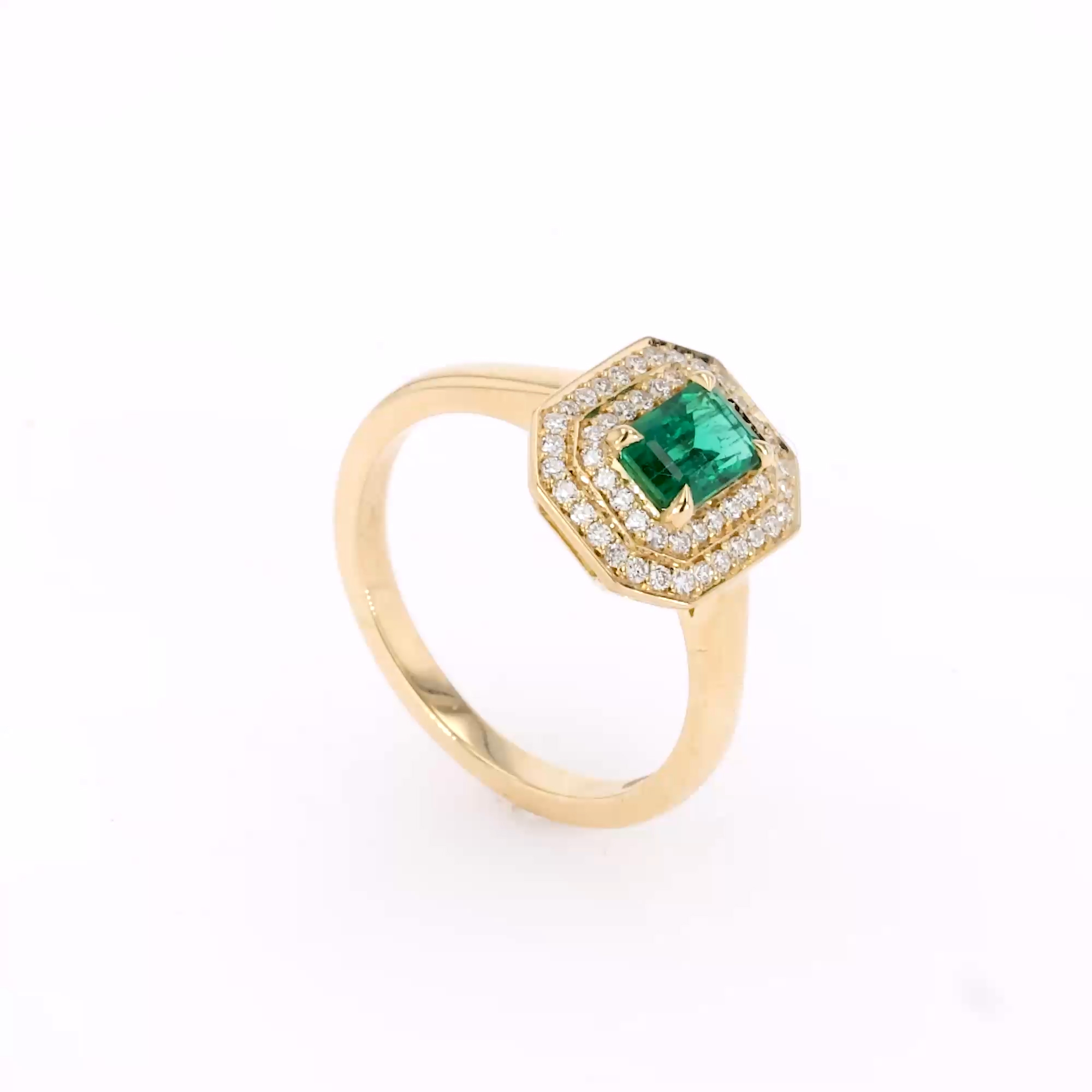 Octagonal Cut 0.62ct Emerald and Diamond Cluster Ring in 18ct Yellow Gold